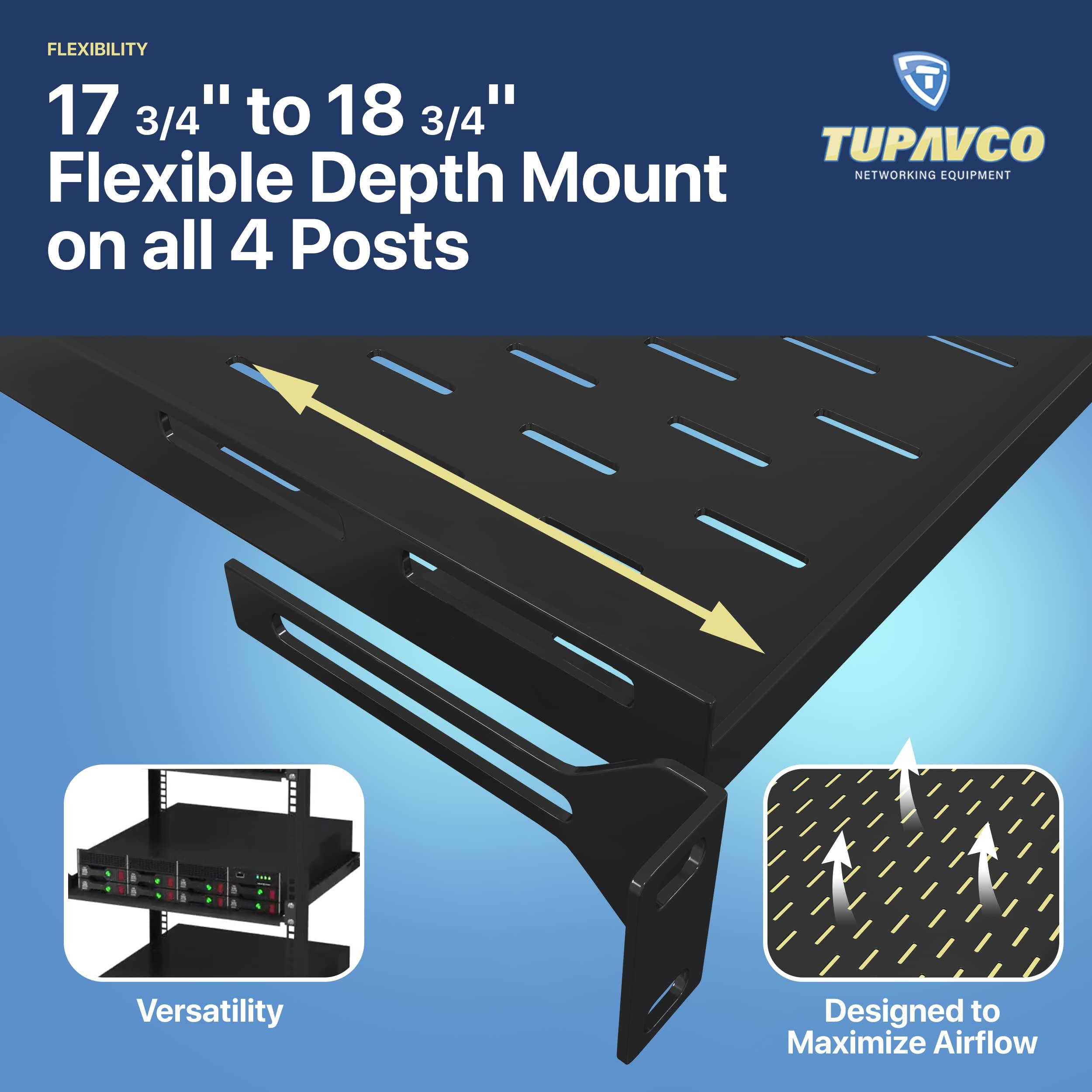 Tupavco 1U Server Rack Shelf - 19" Rackmount Tray - 17.7" (450mm) Deep 4-Post Fixed Mount for Computer Network/AV/IT Equipment Cabinet Enclosure - Vented for Maximum Airflow (Black) - Tupavco TP1711