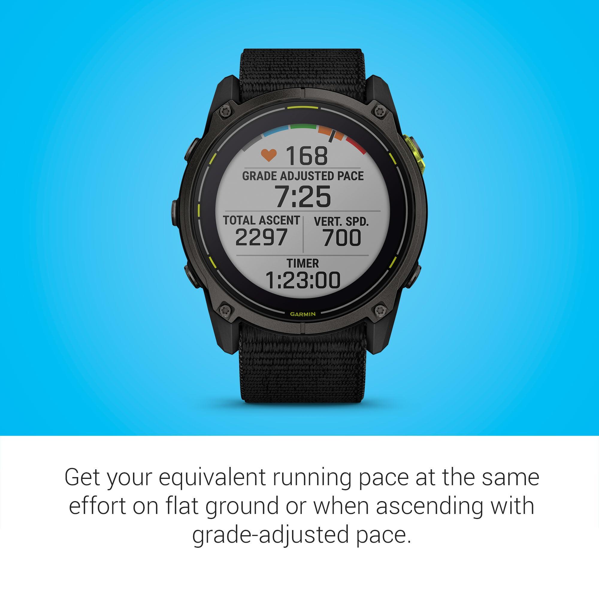 Garmin Garmin Enduro 3 51 mm, Solar, Sapphire, Ultraperformance GPS Smartwatch, Extreme Battery Life, Detailed Mapping, Built-in LED Flashlight, Carbon Gray DLC Titanium with Black UltraFit Nylon Strap