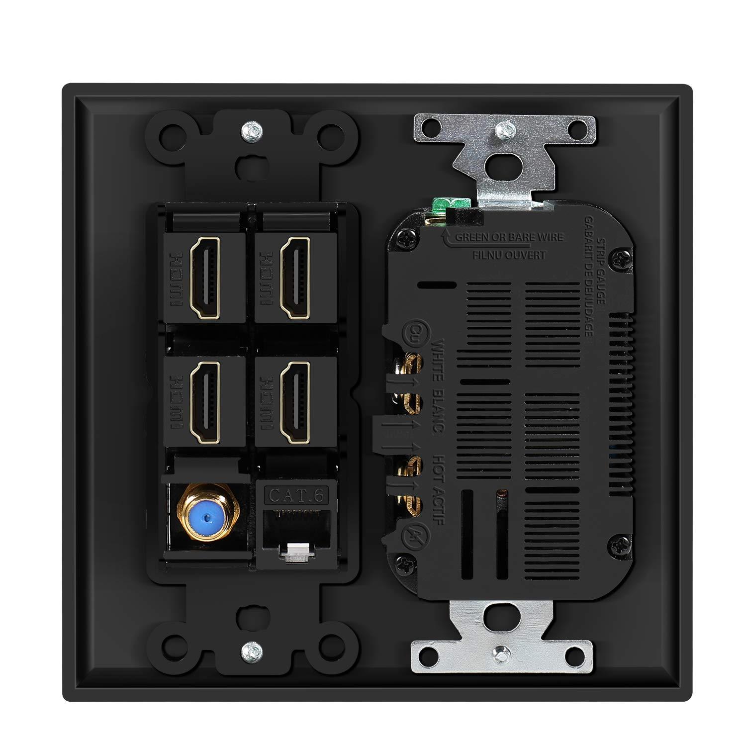 TNP Products TNP Multimedia Outlet Box (Black) - HDMI Outlet Wall Plate with USB Charging, USB Wall Plate Charger and Power Outlet 15A, 4 HDMI Ports, 1 Cat6 RJ45 Ethernet Port, Coaxial Cable Outlet, Keystone Jack