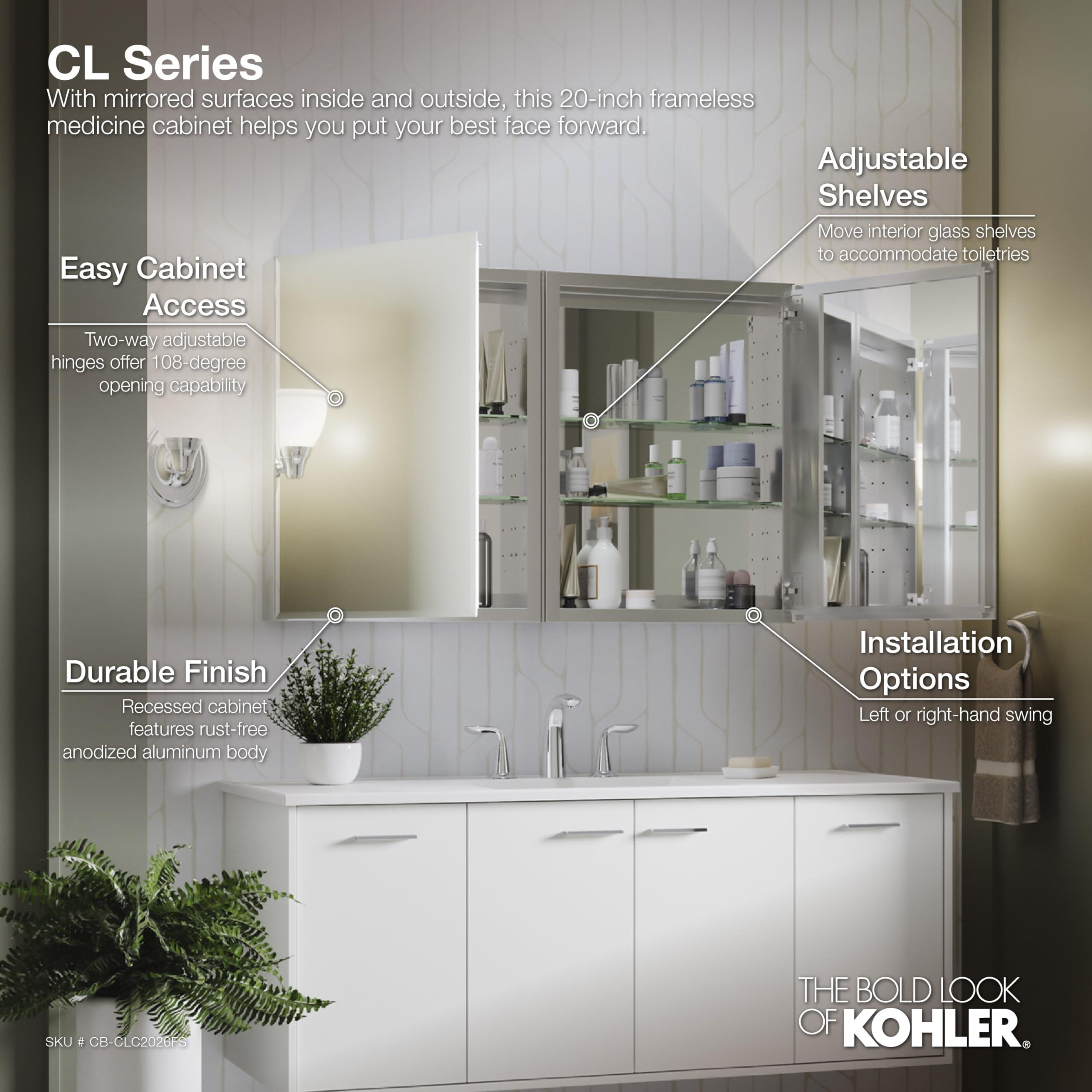 Kohler KOHLER K-CB-CLC2026FS Beveled Medicine Cabinet with Mirror Door & Adjustable Shelves, Rectangular Beveled Edge Frame, 20\" x 26\"