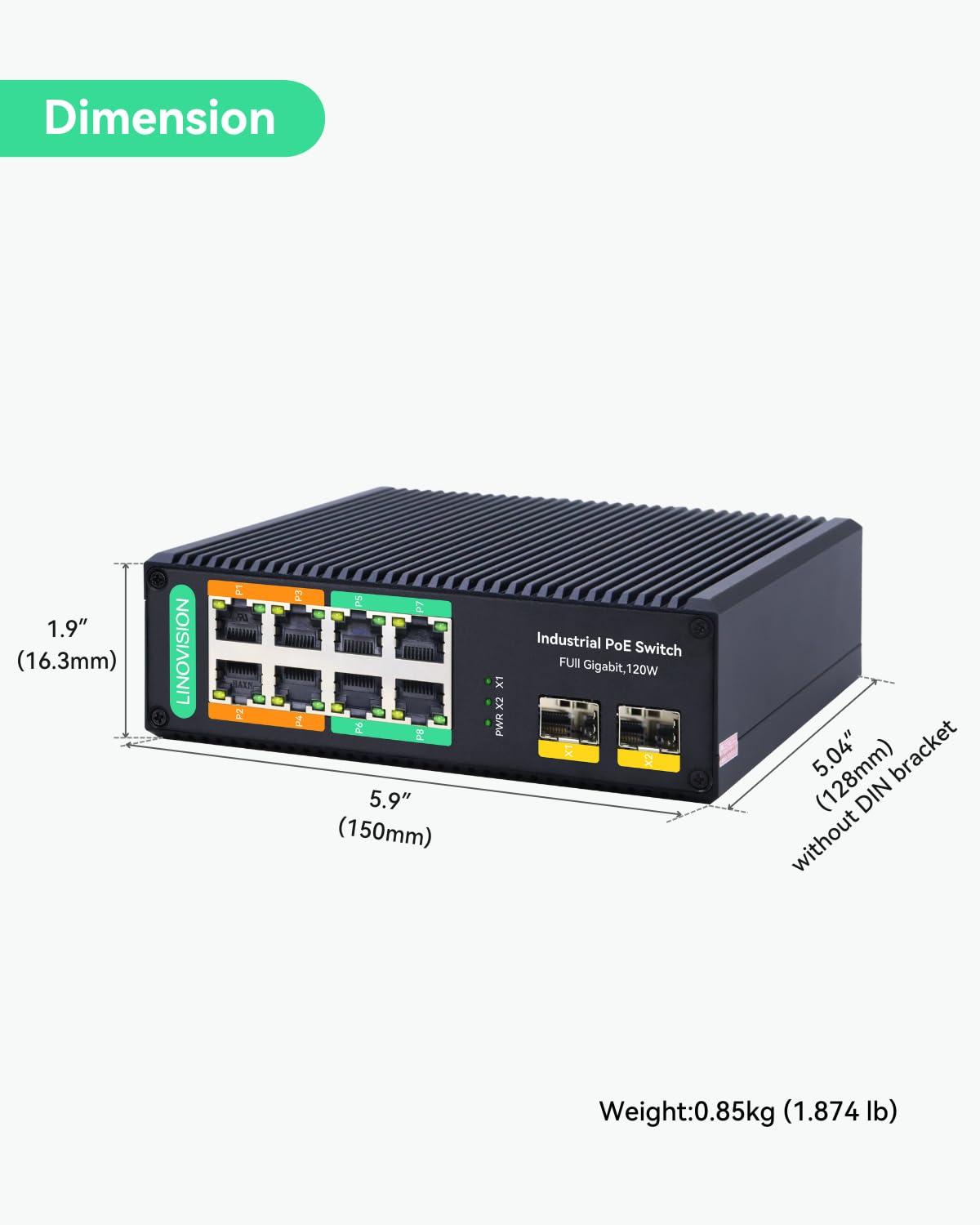 LINOVISION LINOVISION Industrial 8-Port Full Gigabit POE++ Switch with 4 BT 90W PoE Ports, 2 Gigabit SFP Uplinks, POE Budget 120W, POE Watchdog, DIN-Rail POE Switch for PTZ Camera/POE Lighting/ POE Monitor