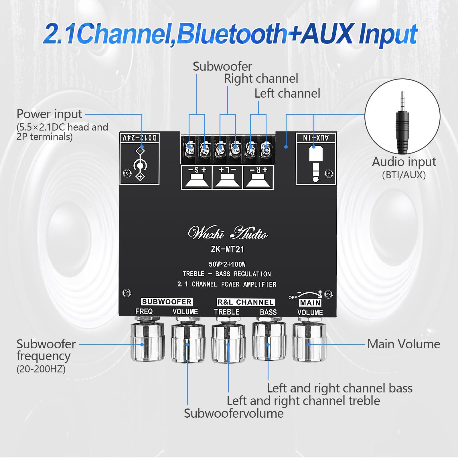 ARRAROWN Bluetooth 5.0 Audio Amplifier Board, ZK-MT21 2.1 Channel 50W X 2 +100W Mini Subwoofer Power Amp HiFi Digital Audio Amp Module for Home Speakers(20-100W, 4-8Ohms), DC 12-24V, BT AUX Input