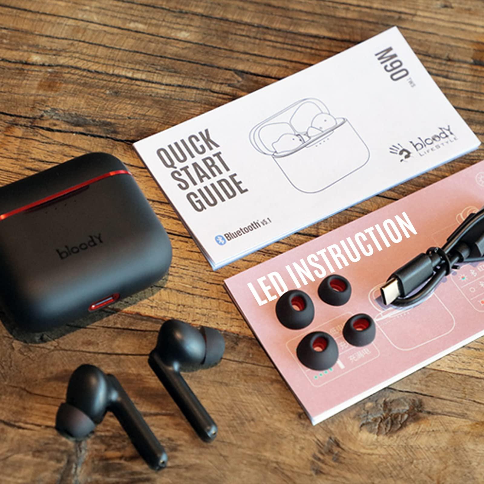 Bloody Bloody M90 TWS Active Noise Cancelling Bluetooth Gaming Earbuds, Hybrid Carbon Diaphragm, Bass Music & Low Latency Gaming Mode, Dual ENC Microphone, IPX4 Rate, with Wireless Charging Case