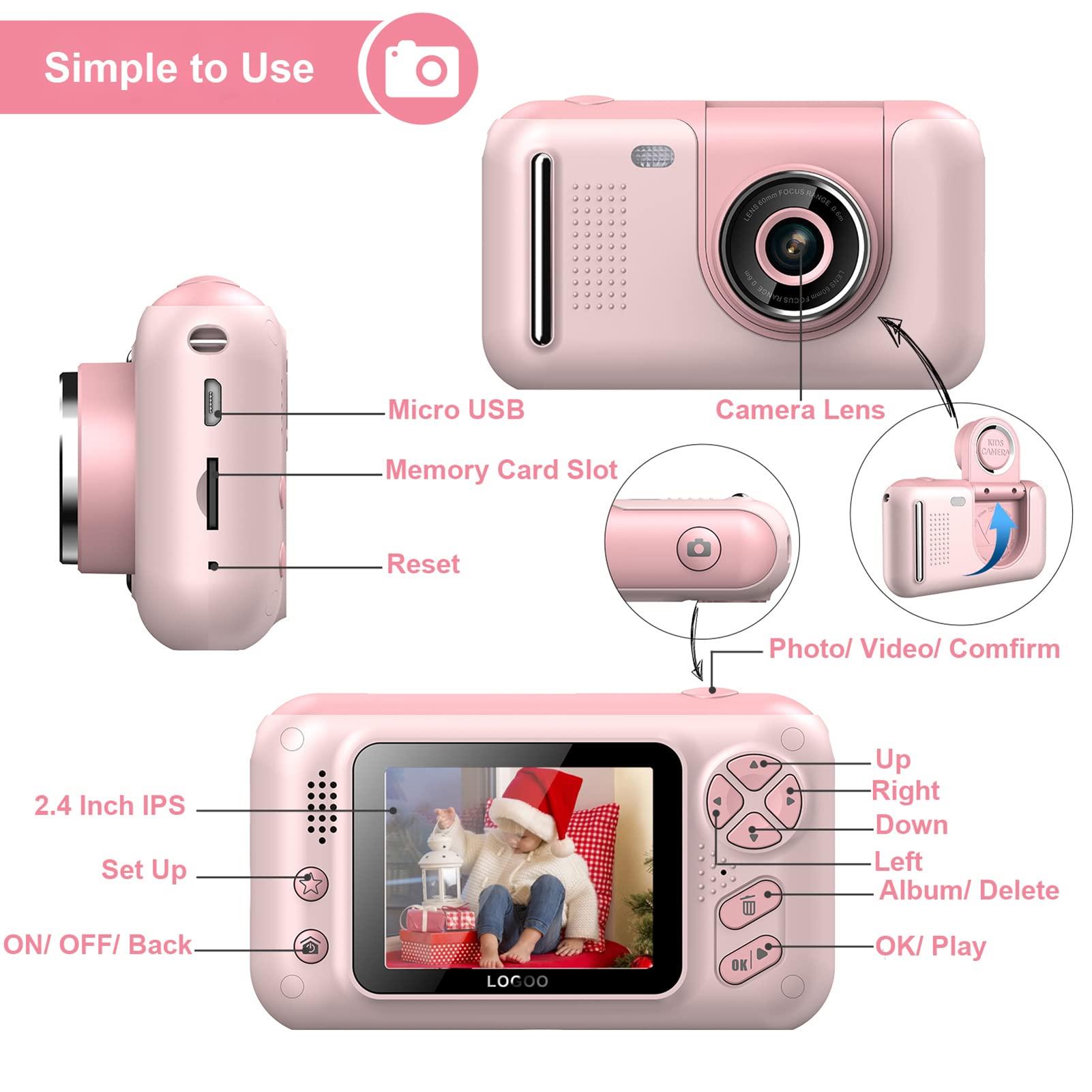 Andoer Andoer 1080P Kids Digital Camera Mini Video Camera for Kids 40MP 2.4 Inch IPS Screen 180 Rotatable Lens Cute Photo Frames Fun Games with Neck Strap Mini Desktop 32GB Tripod Birthday for Boys Girls