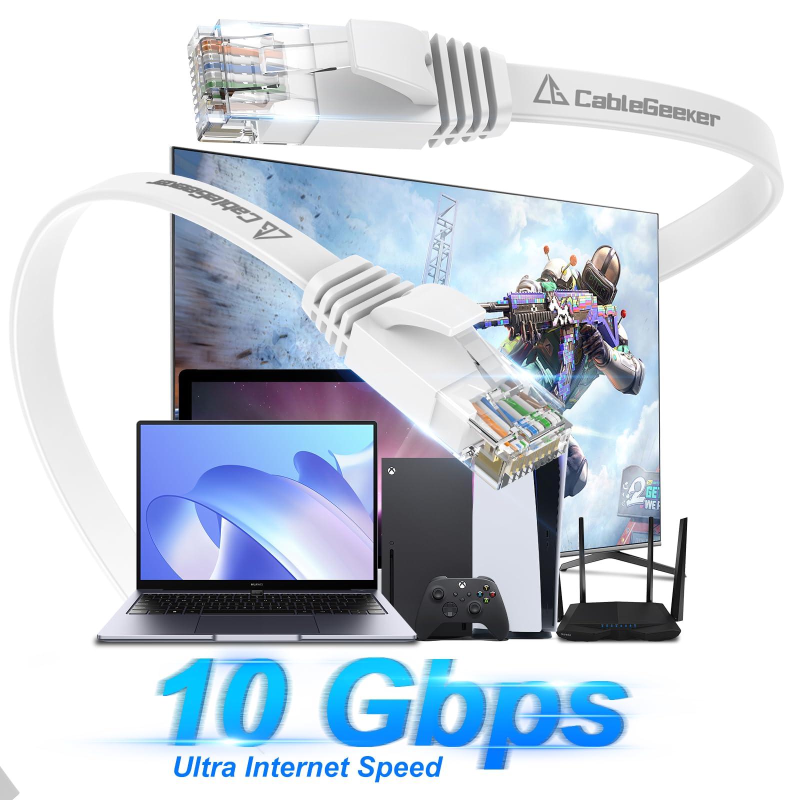 CableGeeker Cat 6 Ethernet Cable 50 ft, Indoor&Outdoor, High Speed 10Gbps Flat Internet Network Cable, Cat6 Ethernet Patch Cable Long, Computer LAN Cable with Free Clips & Straps for Router, Modem, PS4/5, White