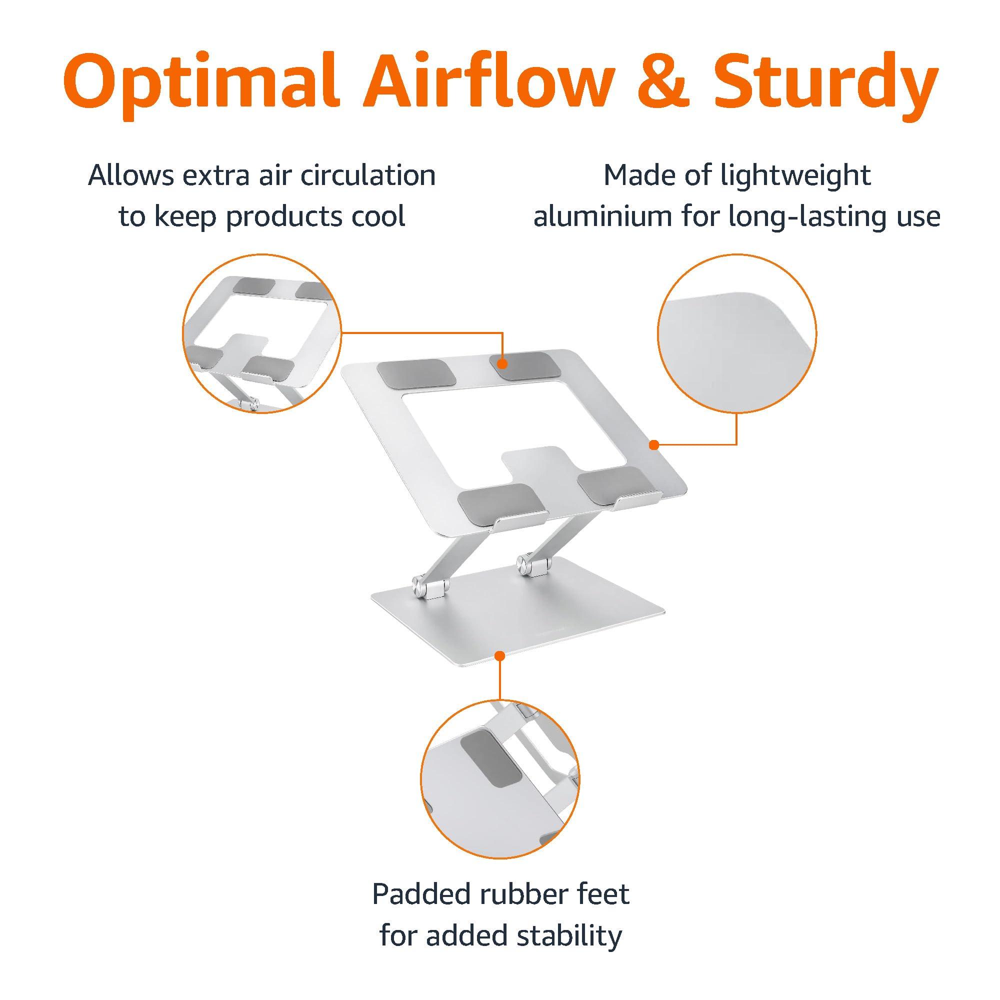 Amazon Basics Amazon Basics Ergonomic and Foldable Laptop Stand for Desk, Adjustable Riser, Fits all Laptops and Notebooks up to 17.3 Inch, 10 x 8.7 x 6 in, Silver