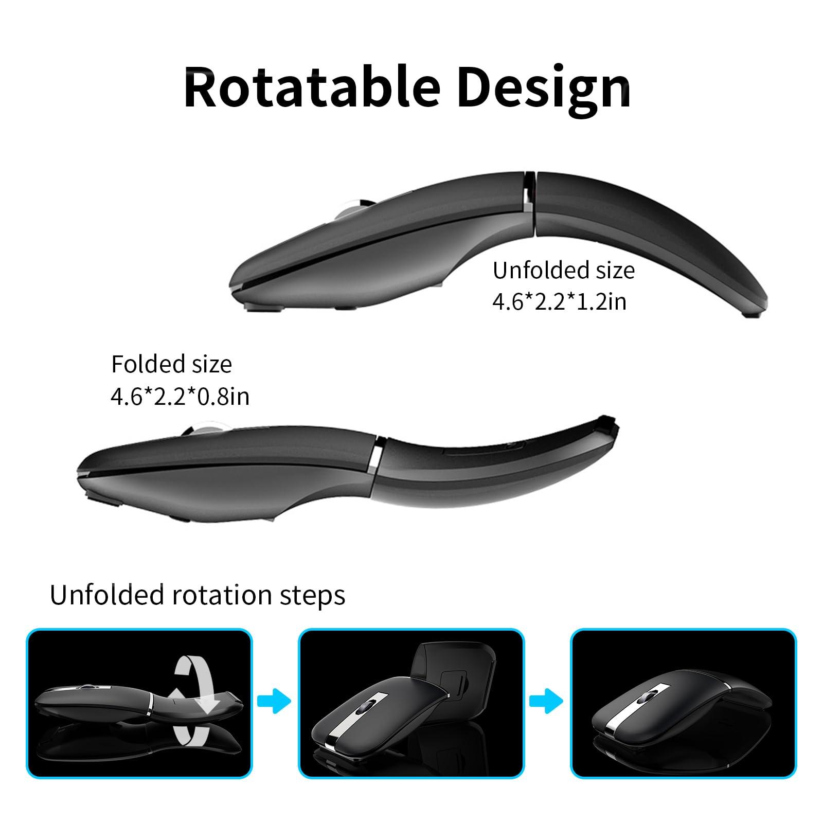 WUDEMWWFE Bluetooth Arc Mouse Wireless Silent Travel Mouse Rechargeable with BT & 2.4G Dual Mode, Slim Rotatable Portable Mobile Mouse, USB Optical Computer Mice for PC Laptop Macbook iPad iPhone Tablet - Black