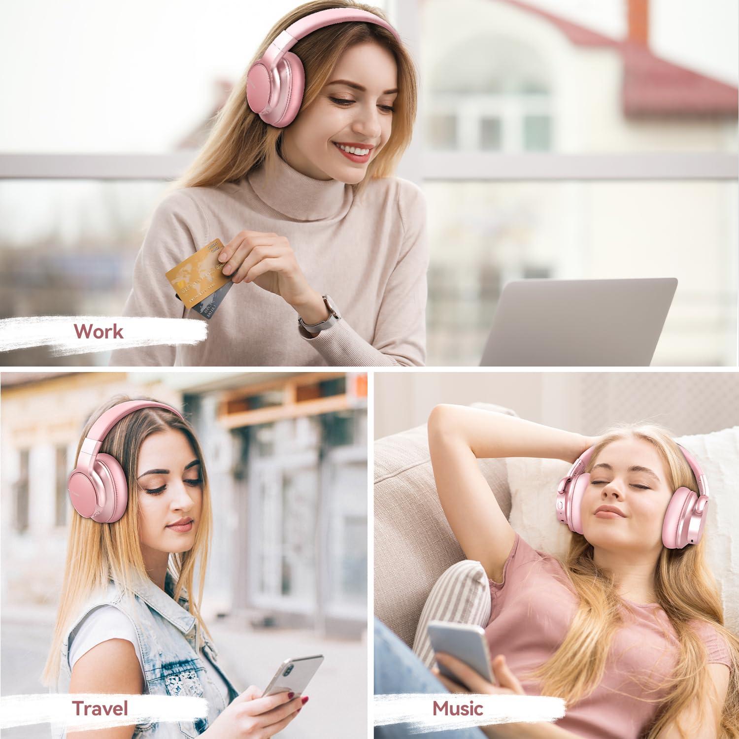 AUSDOM AUSDOM E7 Bluetooth 5.0 Active Noise Cancelling Headphones, Wireless Over Ear ANC with Microphone, Hi-Fi Stereo Sound, 50H Playtime, Comfortable Earpads for Travel Work TV Phones, Rose Gold