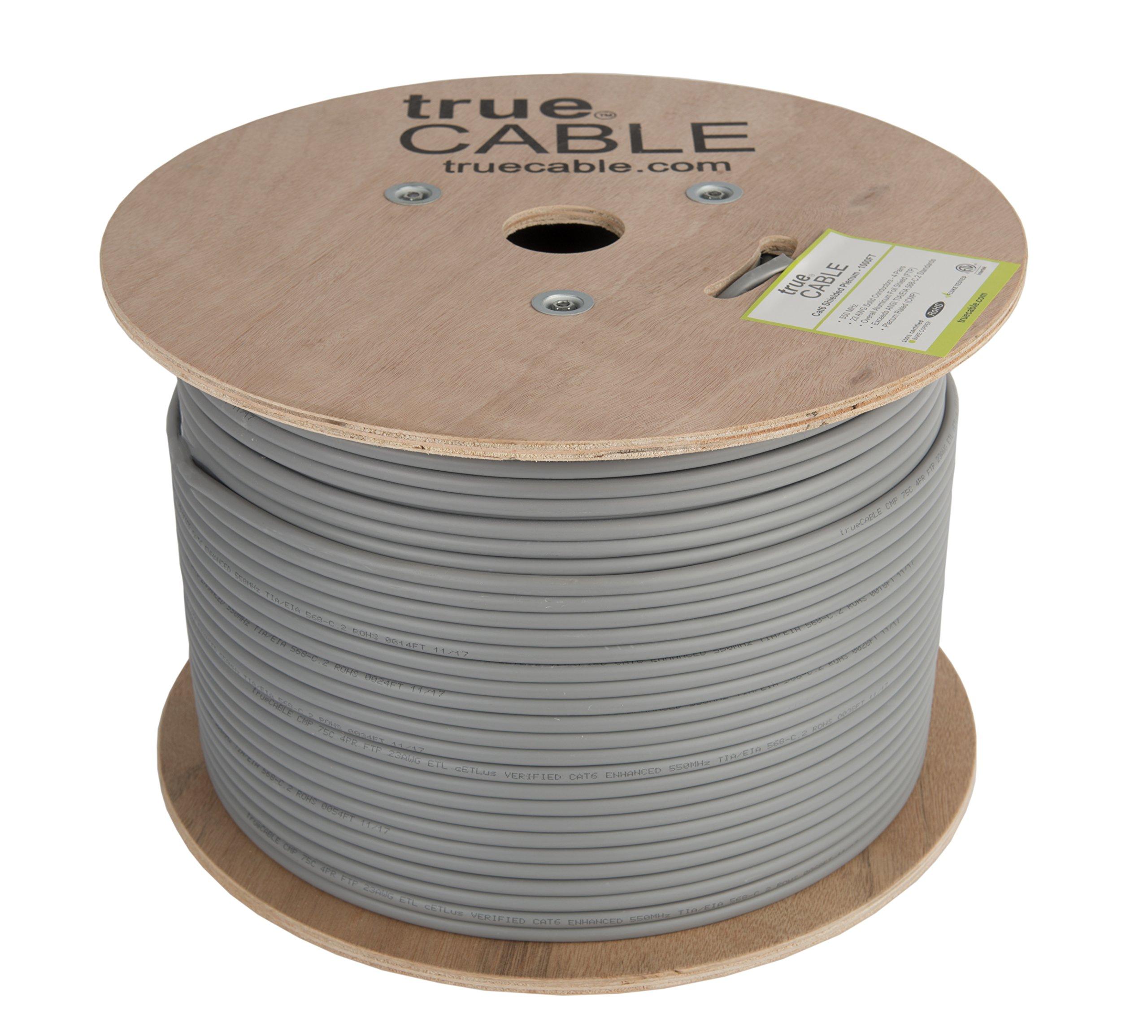 TRUE CABLE trueCABLE Cat6 Plenum Shielded (CMP), 1000ft, Gray, 23AWG Solid Bare Copper, 550MHz, PoE++ (4PPoE), ETL Listed, Overall Aluminum Foil Shield (F/UTP), Bulk Ethernet Cable