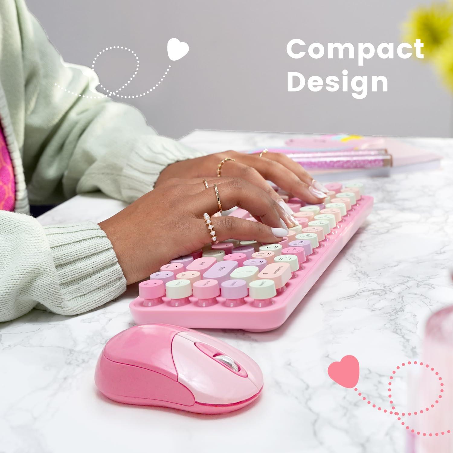 Perixx Perixx PERIDUO-802PK Bluetooth Mini Keyboard and Mouse Combo - Retro Round Key Caps - Pastel Pink - US English