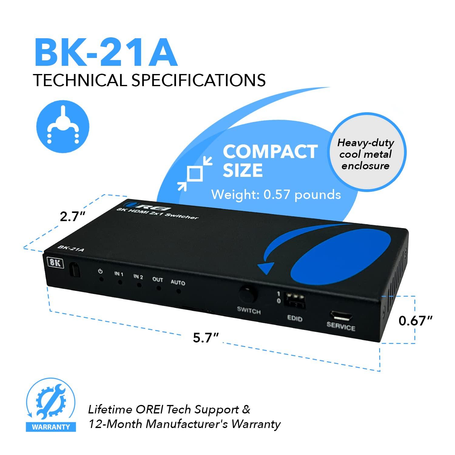 OREI OREI 8K HDMI 2.1 Switch 4K@120hz Switcher 2 in 1 Out, with Audio Extraction 48Gbps Bandwidth, Ideal for Gaming and Streaming (BK-21A)