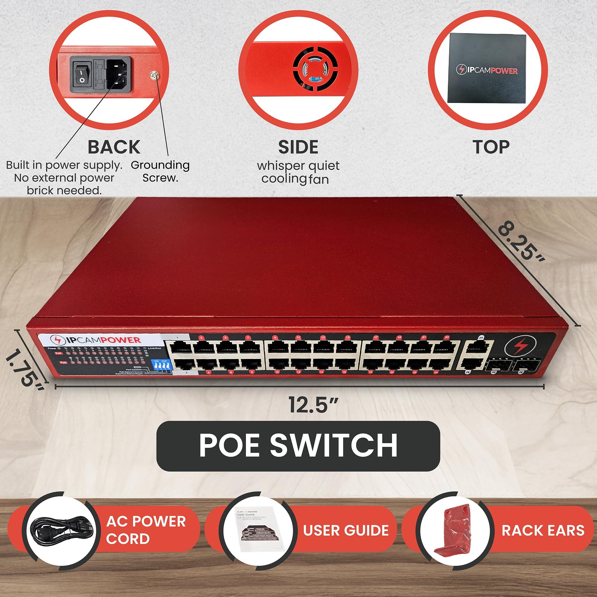 IPCamPower IPCamPower Unmanaged 24 Port POE Network Switch W/ 2 Gigabit Uplinks, POE+ 30 Watts per Port, 360 Watts Total Budget, UL Listed, TAA Compliant