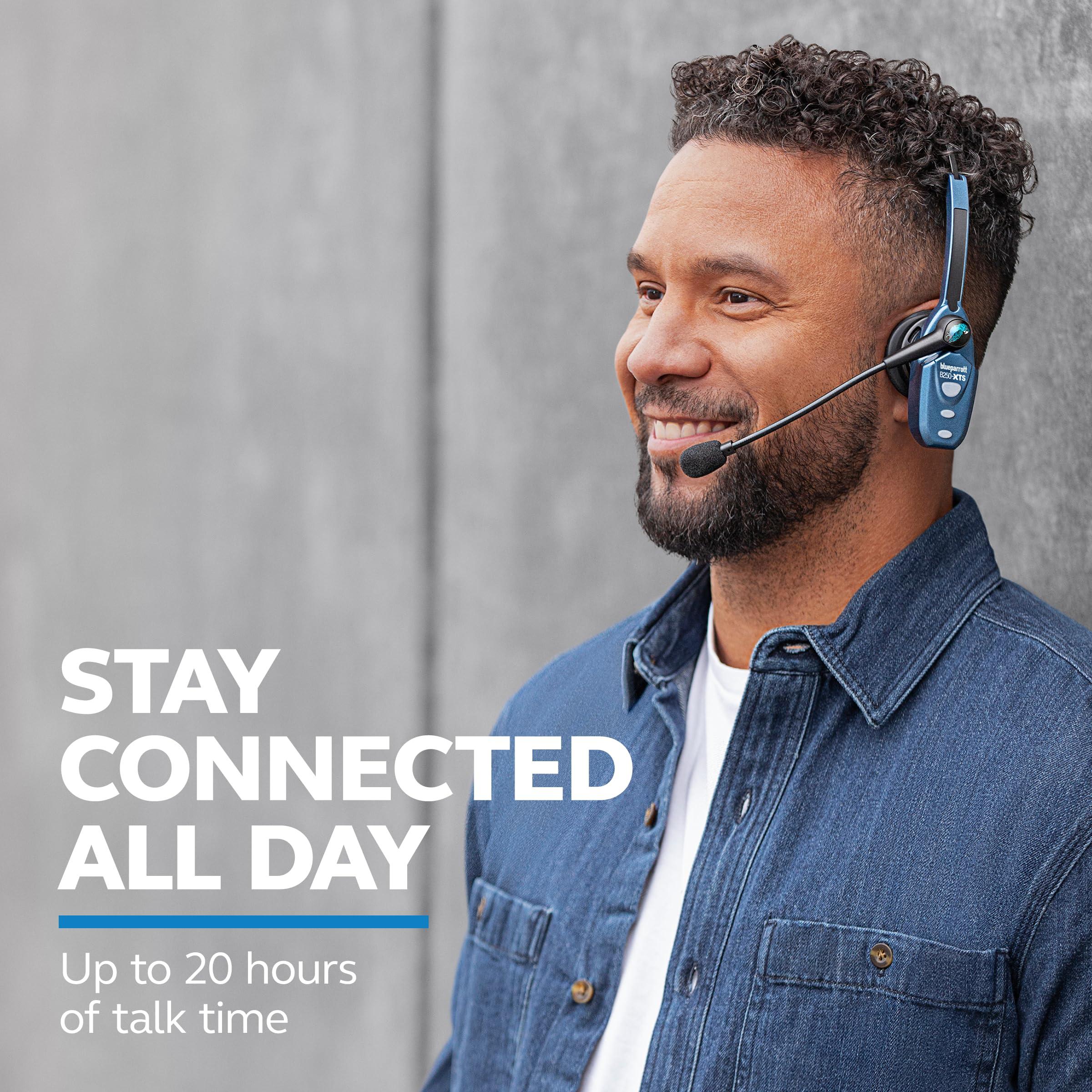 BlueParrott BlueParrott B250-XTS Mono Bluetooth Wireless Headphones 91% Noise Canceling Over Head Trucker Headset with Mic, Lightweight Design with Adjustable Headband, 20 hrs. Talk Time, Blue