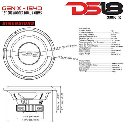 DS18 DS18 GEN-X154D Subwoofer in Black - 4 Layer Black Aluminum Voice Coil, 15", 1,100W Max Power, 500W RMS, Dual 4 Ohms, DVC - Powerful Car Audio Bass Speaker (1 Speaker)
