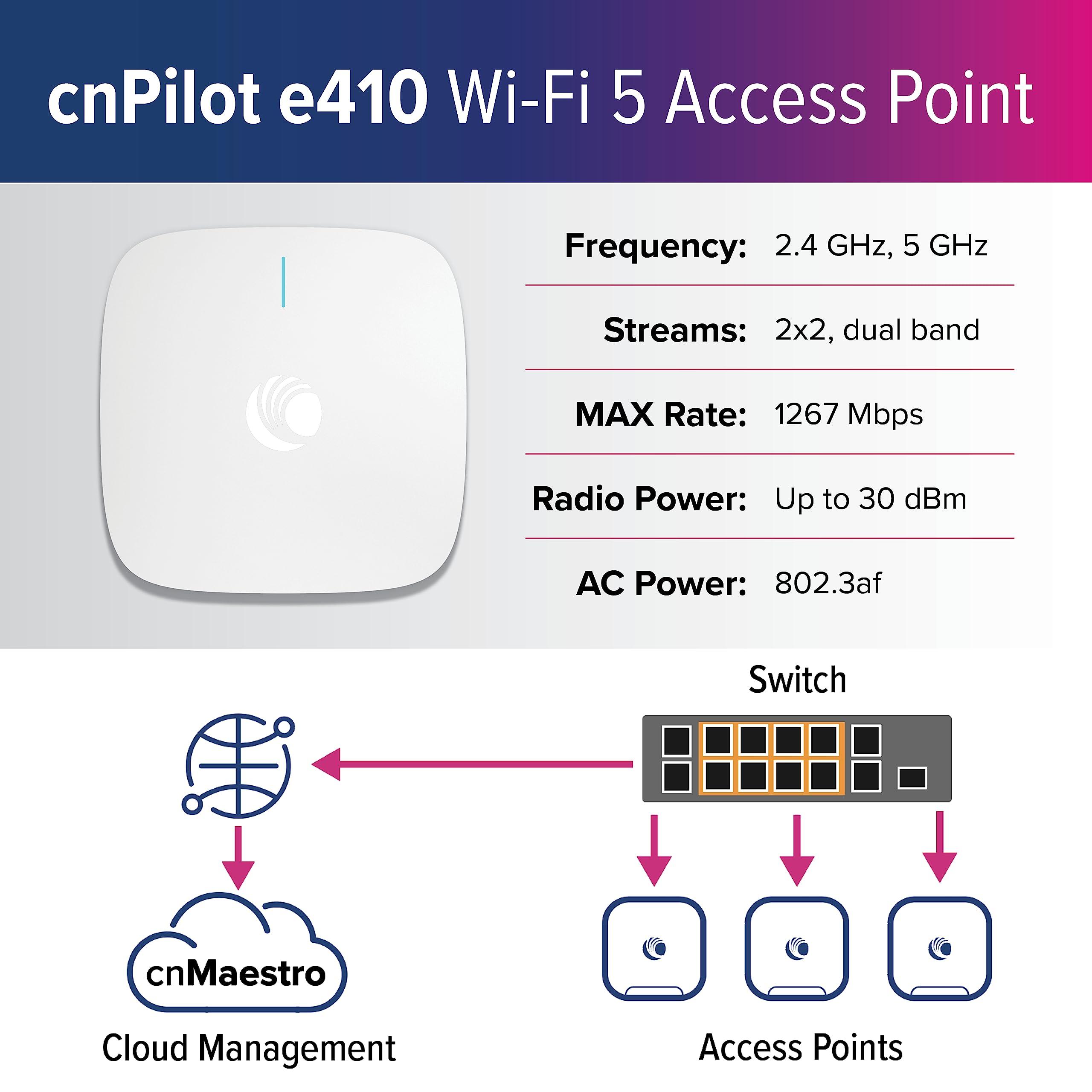 Cambium Networks Cambium Networks cnPilot e410 Wi-Fi 5 Indoor Commercial Wireless Access Point (WAP) - US - Powered by PoE - Enhanced Roaming up to 1000 Devices - 2x2 (FCC) - PL-E410X00B-EU
