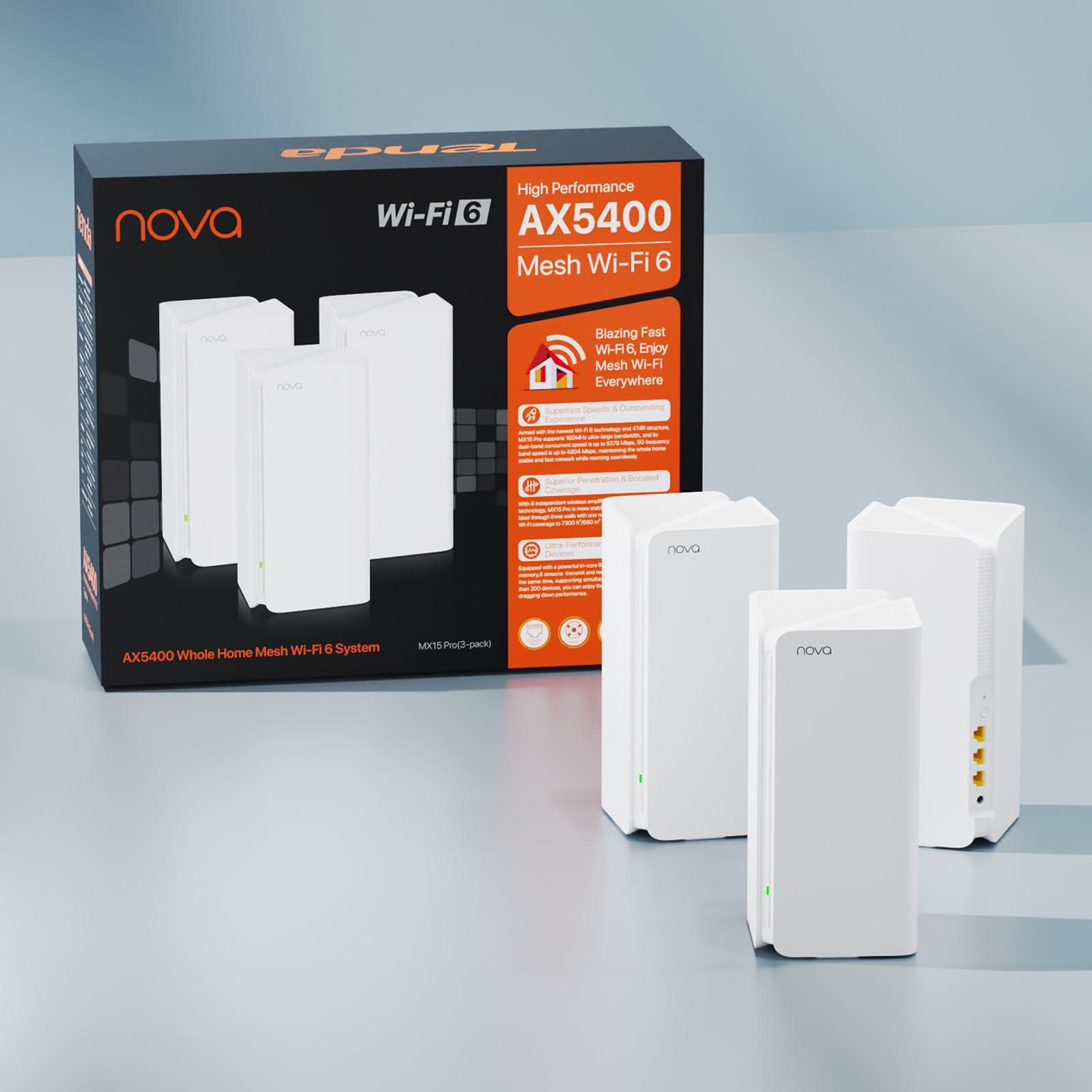 Tenda Tenda AX5400 Mesh WiFi 6 System Nova MX15 Pro - 7300 sq.ft WiFi Coverage - Whole Home WiFi 6 Mesh System - Dual-Band Mesh Router for 200 Devices - 6 * 3dBi Antennas for Strong Signal - 3-Pack