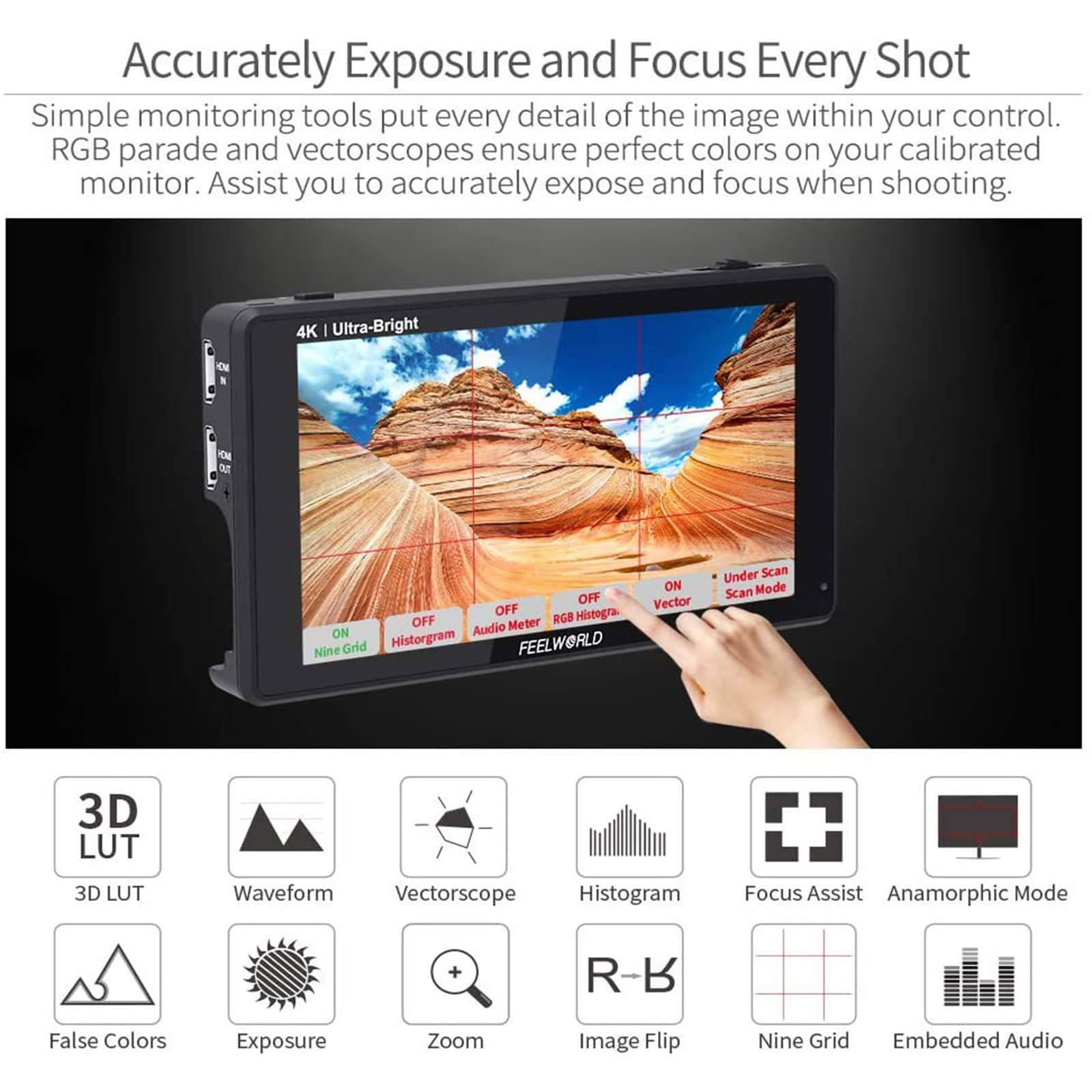 FEELWORLD FEELWORLD LUT6 6 Inch Ultra Bright 2600nits HDR/3D LUT Touch Screen DSLR Camera Field Monitor with Waveform VectorScope Histogram 4K HDMI Input Output