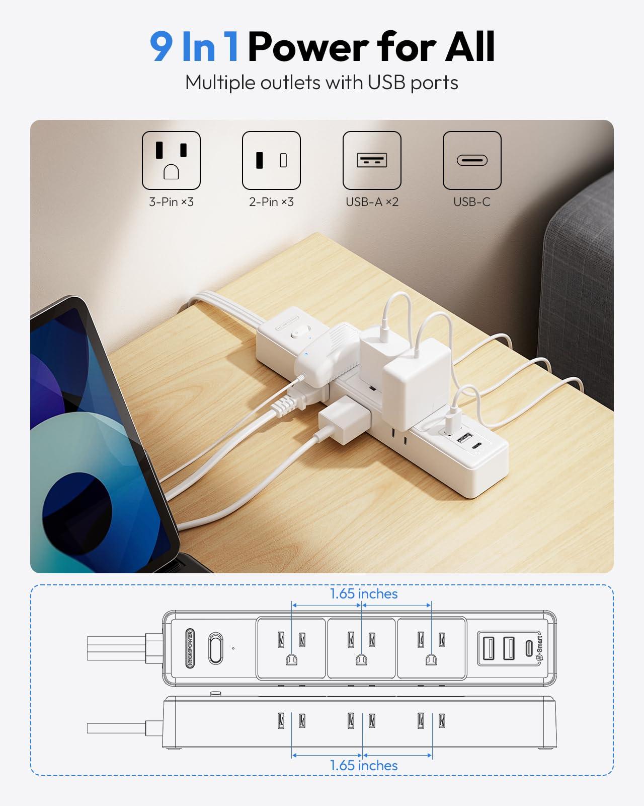 NTONPOWER NTONPOWER Long Extension Cord 25 Ft, Flat Extension Cord Under Carpet + NTONPOWER Flat Extension Cord 10 ft, 1080J Surge Protector with Long Cord