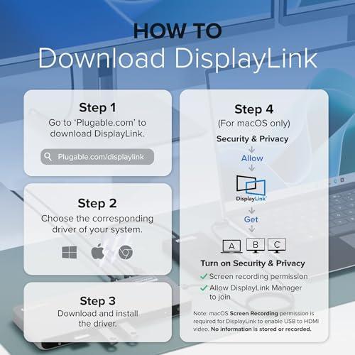 Plugable Plugable 7-in-1 USB-C DisplayLink Dock Dual 4K HDMI (Requires DisplayLink Driver), 100W PD Charging, USB4 & Thunderbolt Compatible, Gigabit Ethernet, USB-A/C, SD Card for Mac & Windows Laptops