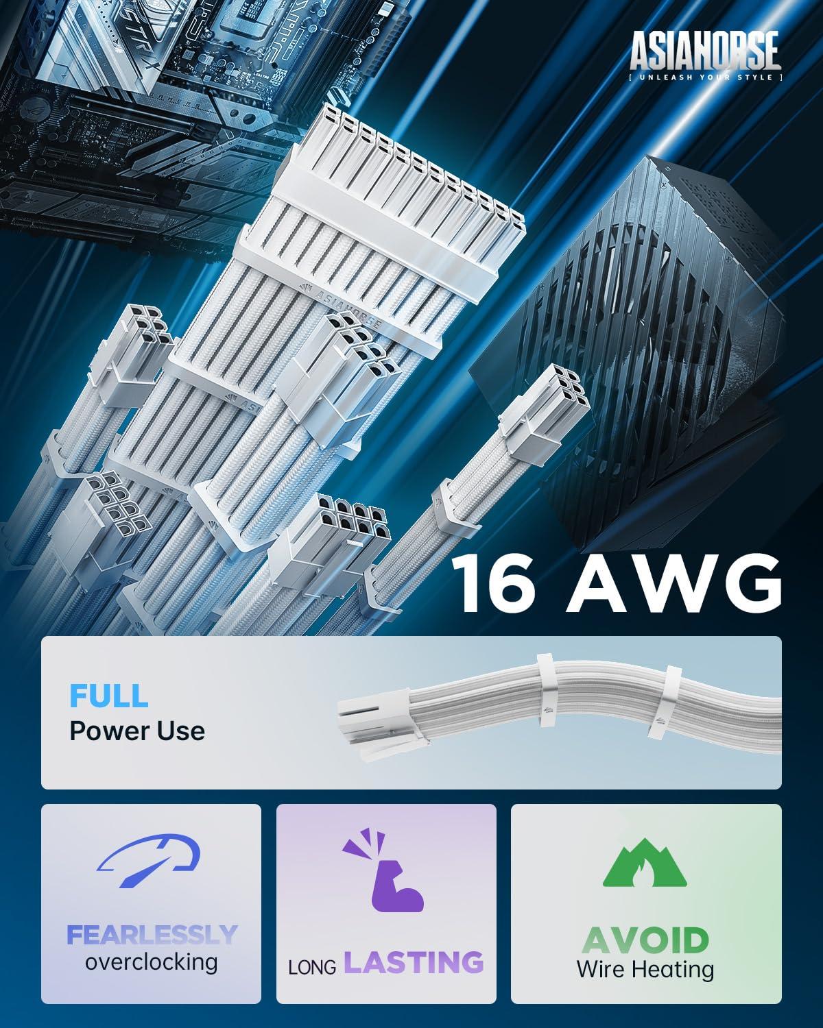 AsiaHorse AsiaHorse 16AWG PSU Cable Extension Power Cords, Customized Power Supply Mod Sleeve Extension Cable, ATX/EPS/8-pin PCI-E/6-pin PCI-E for PSU Cable (Pure White)