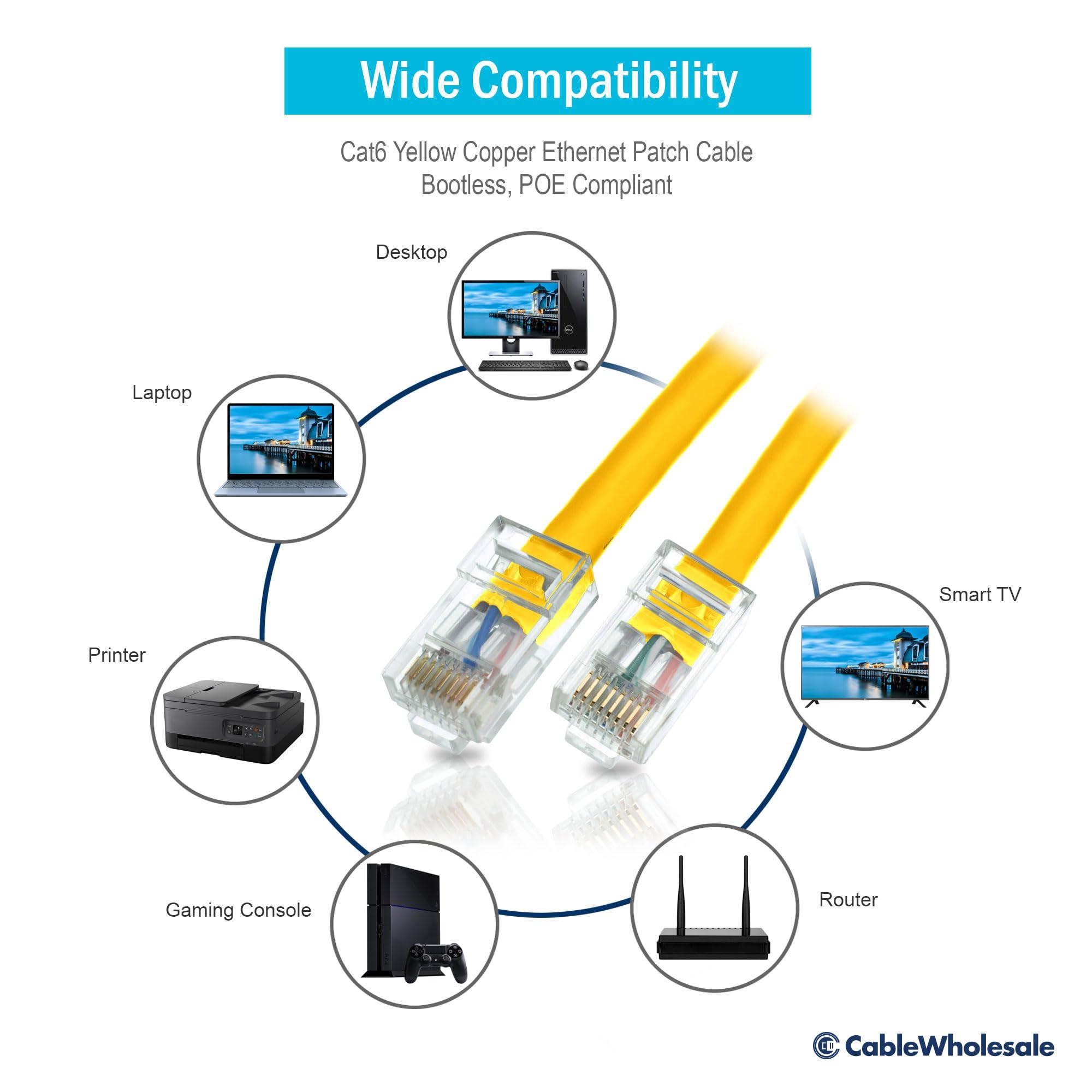 CableWholesale CableWholesale 50 Foot Cat6 Yellow Ethernet Patch Cable, Bootless, 24AWG Network Cable with RJ45 Gold Plated Connector, 4 Pair Stranded Bare Copper, Unshielded Twisted Pair (UTP) Internet Patch Cable