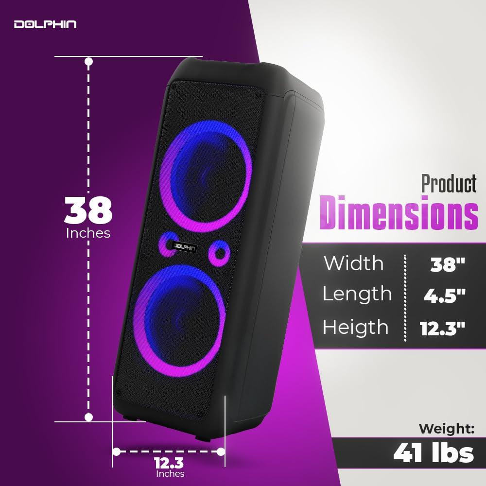 Dolphin Dolphin SP-1270RBT Dual 12-Inch Premium Party Bluetooth Speaker, Bluetooth/USB/SD/FM/AUX, X-Bass, 5-Band EQ, LED Display, Quad Ring Lights