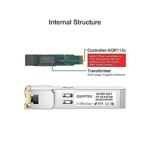 QSFPTEK 10GBASE-T SFP+ to RJ45 Transceiver, 10G Ethernet Copper Module, Optical SFP RJ 45 10Gb T Mini-GBIC Compatible with Cisco SFP-10G-T-S, Ubiquiti UF-RJ45-10G, Mikrotik, Supermicro, Fortinet, up to 30m