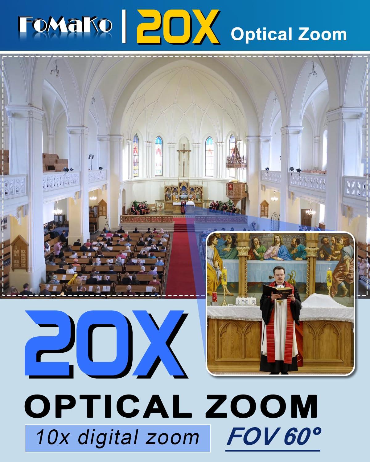FoMaKo FoMaKo 4K PTZ Camera HDMI, AI Auto-Tracking, 4K 20X Optical Zoom, USB3.0 LAN HDMI PTZ Camera 4K for Church Worship Education Conference Events, K20UH