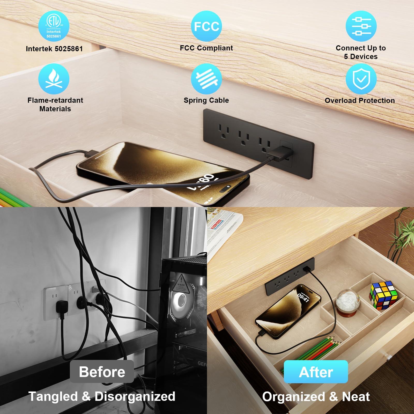 OELFFOW Drawer Outlet Kit, Recessed Furniture Power Strip, PD 20W Fast Charging Horizontal Outlet, Clutter-Free Drawer Socket with 2 USB(A & C) and 3 12 Amp AC Ports, 7.2 FT Power Cord, Spring Cable