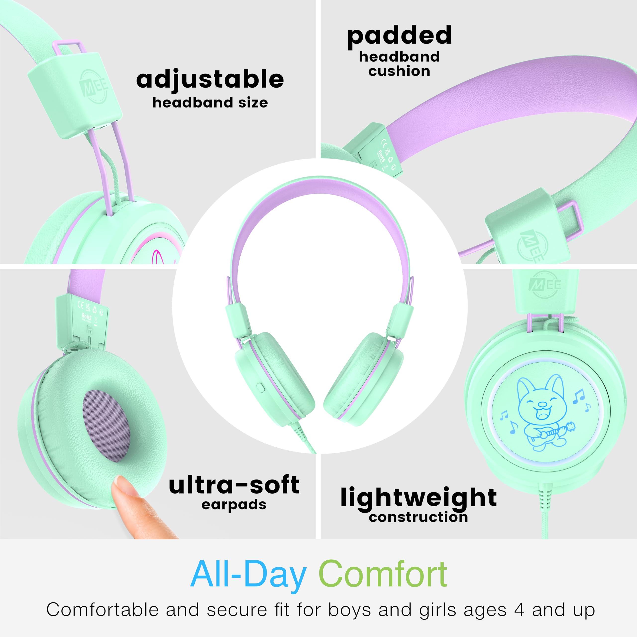 MEE audio MEE audio KidJamz KJ55 Safe Listening USB-C Headphones for Children with Multicolor LED Lights, Volume Limiter, & Microphone; On-Ear Wired Kids Headset for iPhone 16, iPad, & USB Type C Devices (Mint)