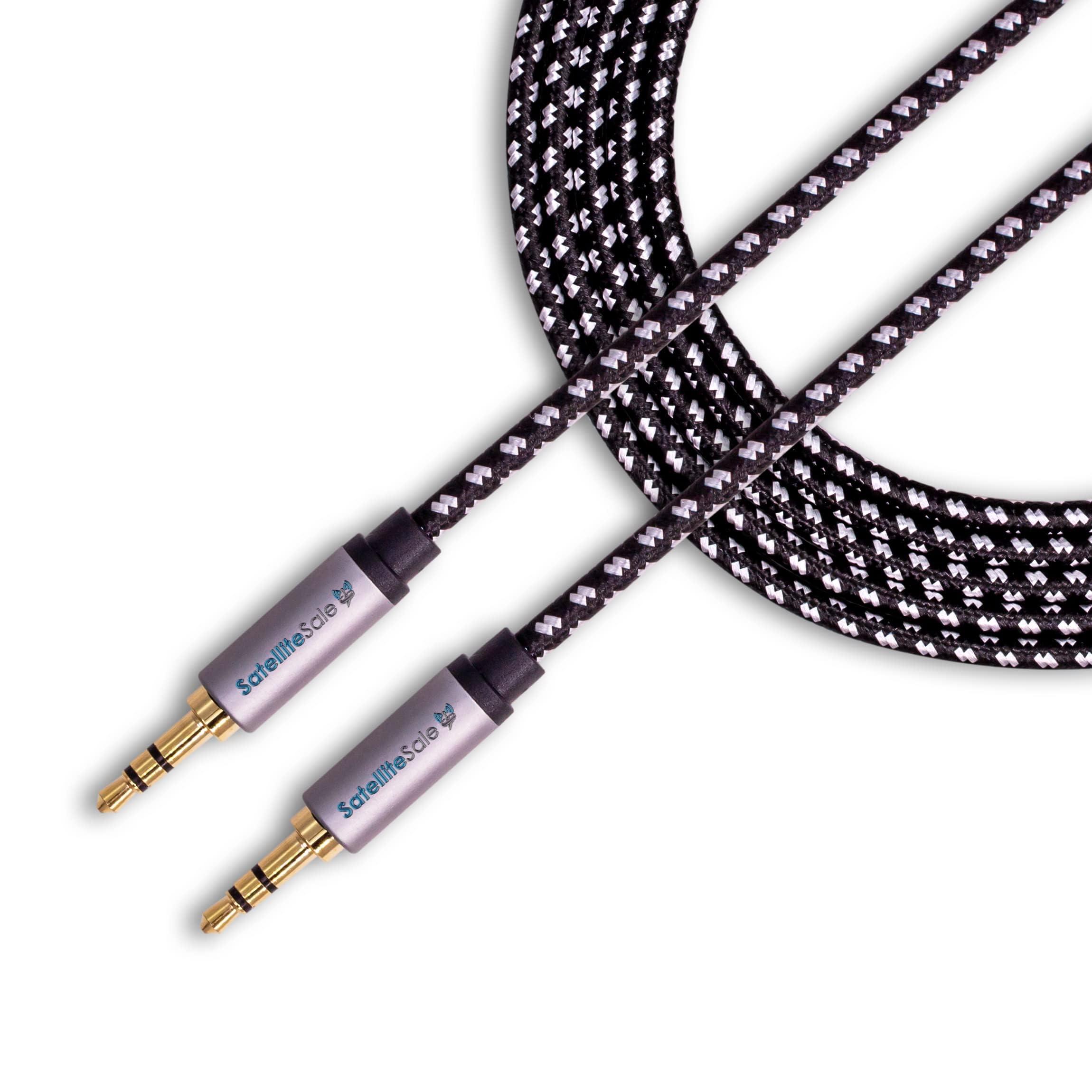 SatelliteSale SatelliteSale Auxiliary 3.5mm Audio Jack Male to Male Digital Stereo Aux Cable Universal Wire Black/White Nylon Cord 6 feet