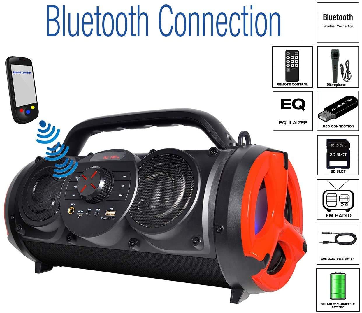 Boytone Boytone, Portable Bluetooth Boombox Speaker, Indoor/Outdoor, 25W, Loud Sound, Deeper Bass, 5\" Subwoofer, 3.25 Tweeter, FM, USB, Micro SD, Microphone, DC 5V to USB Charging Connector Cable (BT-18RD)