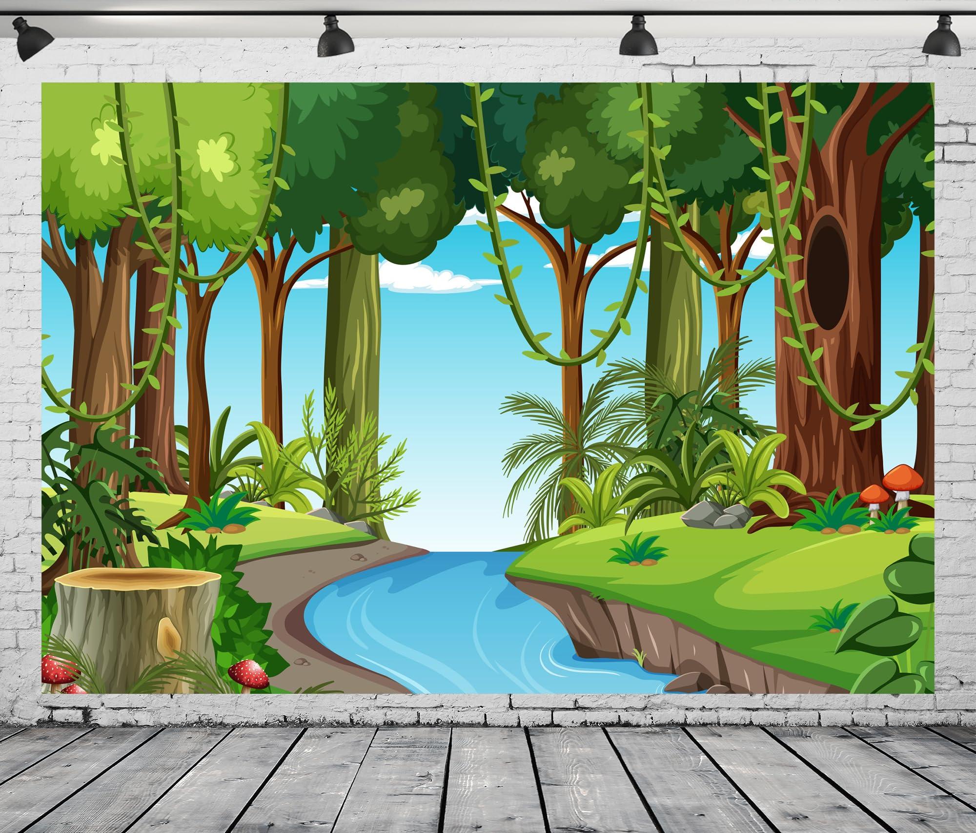 CORFOTO CORFOTO Jungle Forest Backdrop 5x3ft Fabric Nature Wild Scene River Pond Green Forest Photography Background for Safari Themed Birthday Party Supplies Zoo Party Banner Baby Shower Tropical Photo Props