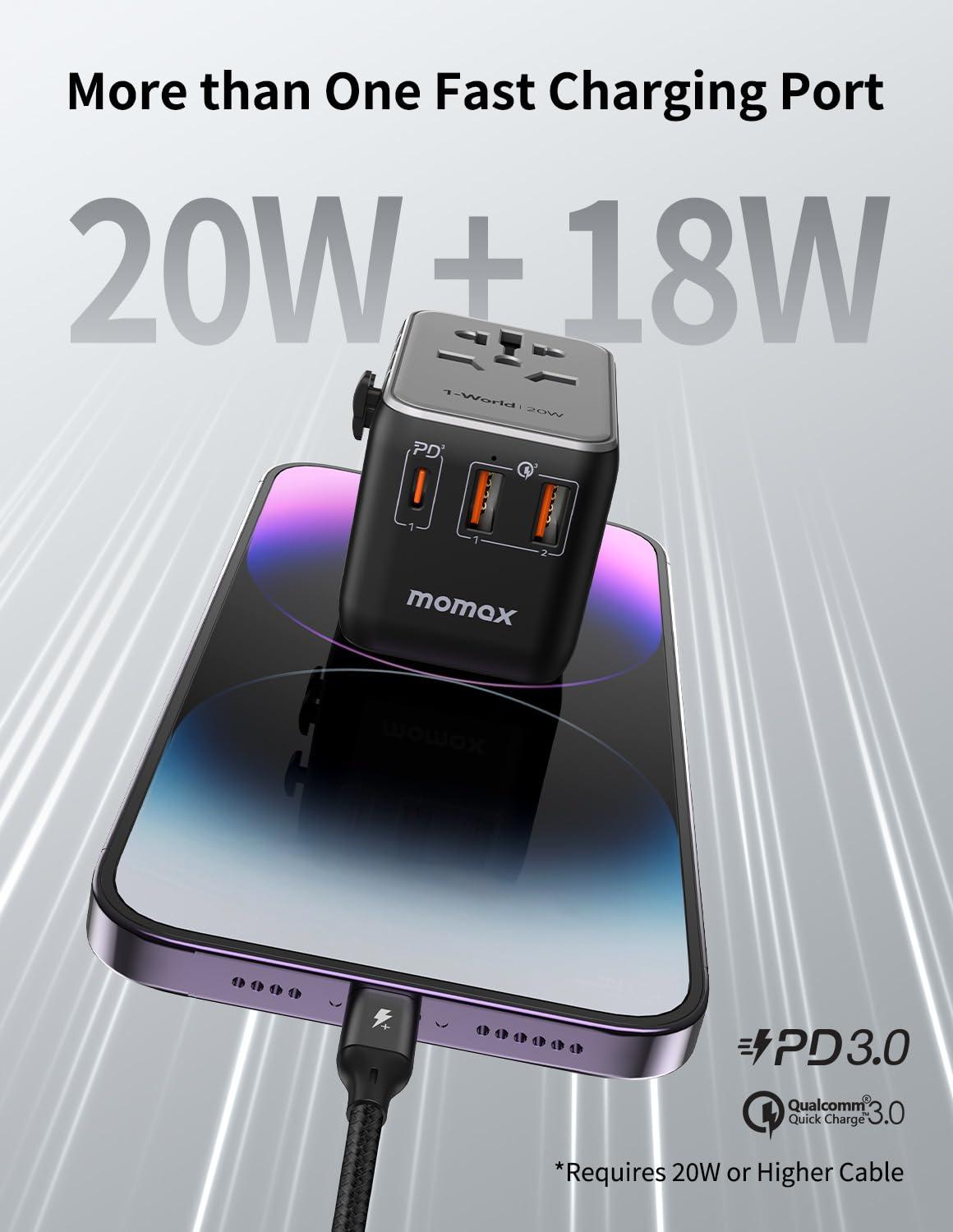 MOMAX MOMAX Universal Travel Adapter, 20W GaN Fast International Power Adapter, 2 USB A & 1 USB C, Worldwide Travel Plug Adapter, International Power Adapter for Europe, USA, Japan, Australia (Type C/A/G/I)