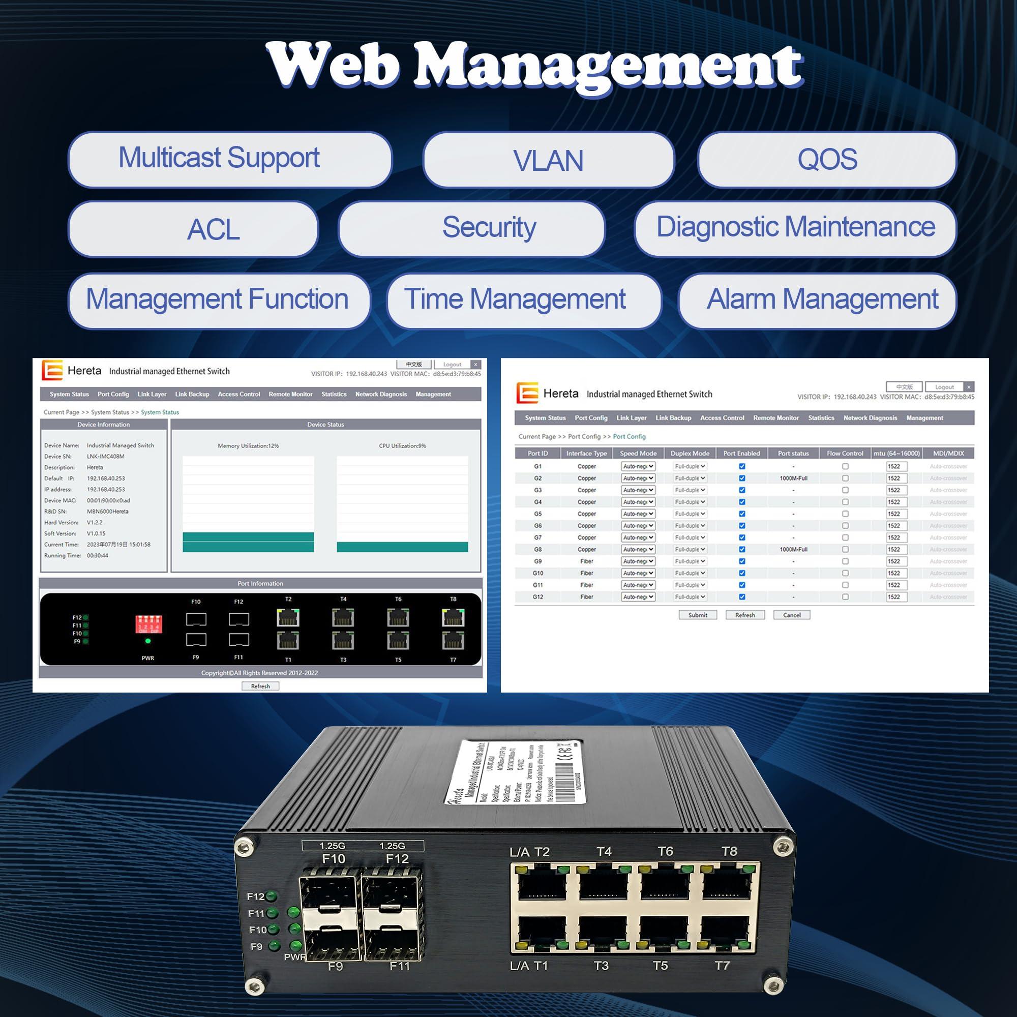 Hereta Hereta Industrial Hardened Gigabit 12 Port Managed Optical Fiber Ethernet Switch, 8 x 10/100/1000T RJ45 Port + 4 x 1000Base-X SFP Slot + 1xUSB-C for Management, L2+ SFP Optic Switch,12~48VDC