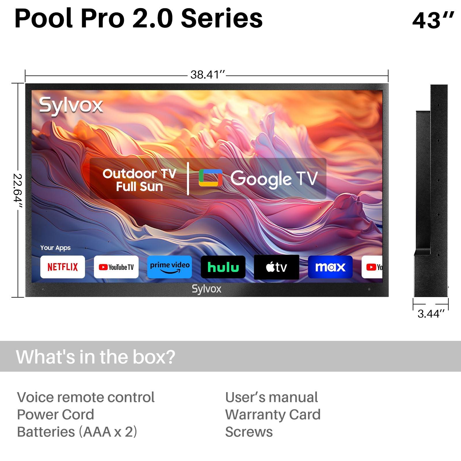 SYLVOX SYLVOX Outdoor TV, 43 inch Full Sun Smart Outdoor TVs, Weatherproof 2000 Nits High Brightness IP55 Waterproof, 4K TV for Outside WiFi Bluetooth Voice Assistant Chromecast (Pool Pro 2.0)