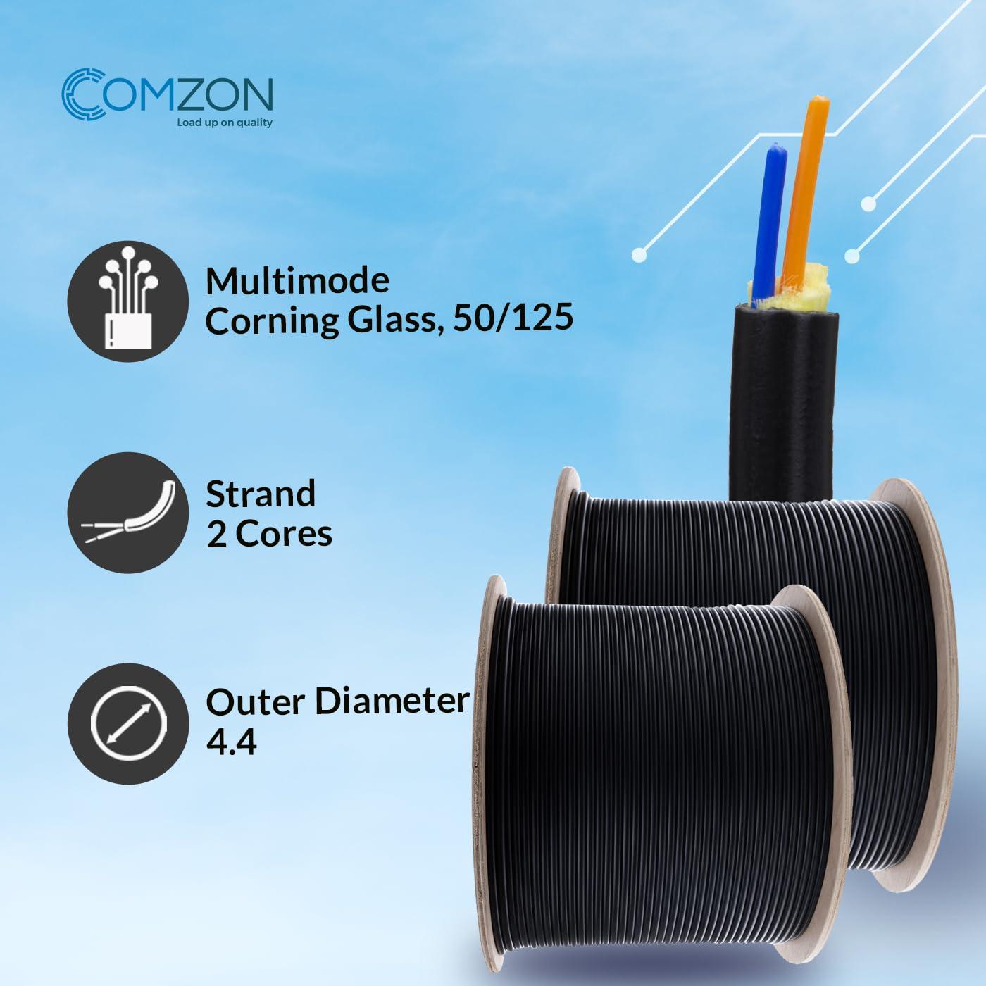 COMZON COMZON 2-Strand Fiber Indoor/Outdoor Fiber Optic Cable Multimode 50/125 OM3, 10Gbps, Riser Rated, Black, Spool, Water-Blocking, PVC Jacket, UL-Listed, Corning Quality, 2000ft