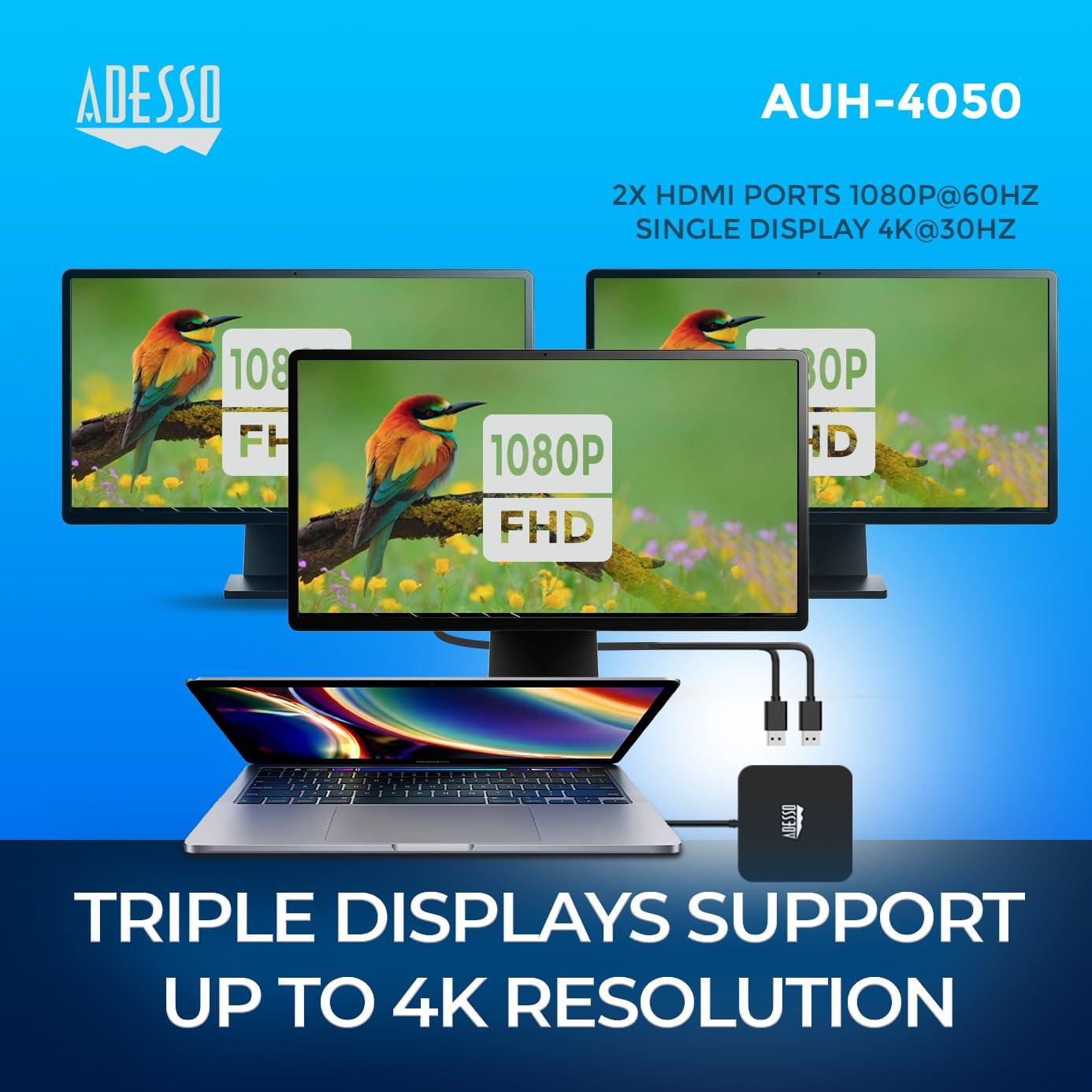 Adesso Adesso USB C Docking Station Multiport Adapter Type C Hub 2 HDMI Support 4K, VGA, RJ45 Ethernet Port, 65W PD Charging, 2*USB, SD/TF Card Reader, 3.5mm Audio Jack (TAA Compliant)