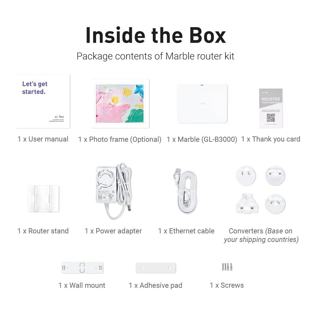 GL.iNet GL.iNet GL-B3000 (Marble) Wireless WiFi 6 Router with Wall-Mountable Photo Frame, Dual-Band AX3000, OpenVPN & WireGuard, Bark & AdGuard Home Parental Controls, OpenWrt, 3 Gigabit Ethernet Ports