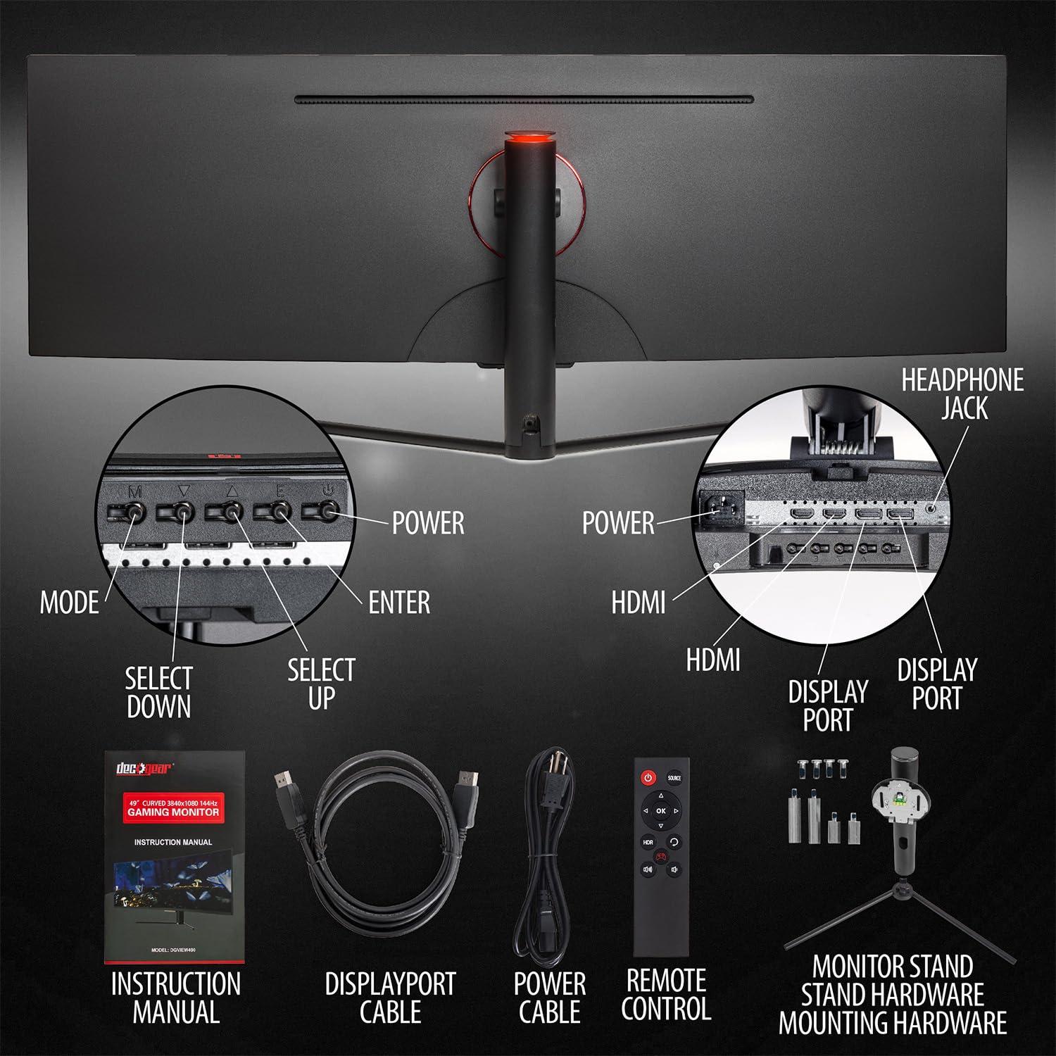 Deco Gear Deco Gear 49" Curved Ultrawide Gaming Monitor | 32:9 | 3840x1080 | 144Hz | 3000:1 | E-LED | 2 HDMI | 2 Display Port