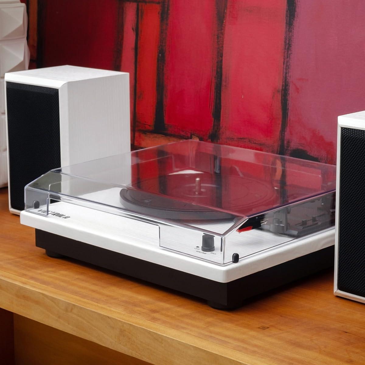 Victrola Victrola Montauk Vinyl Record Player, Natural Wood Finish, 3-Speed Belt Driven Turntable with Stereo Bluetooth Speaker Pair, RCA Output and 3.5mm Headphone Jack, Removable Dust Cover