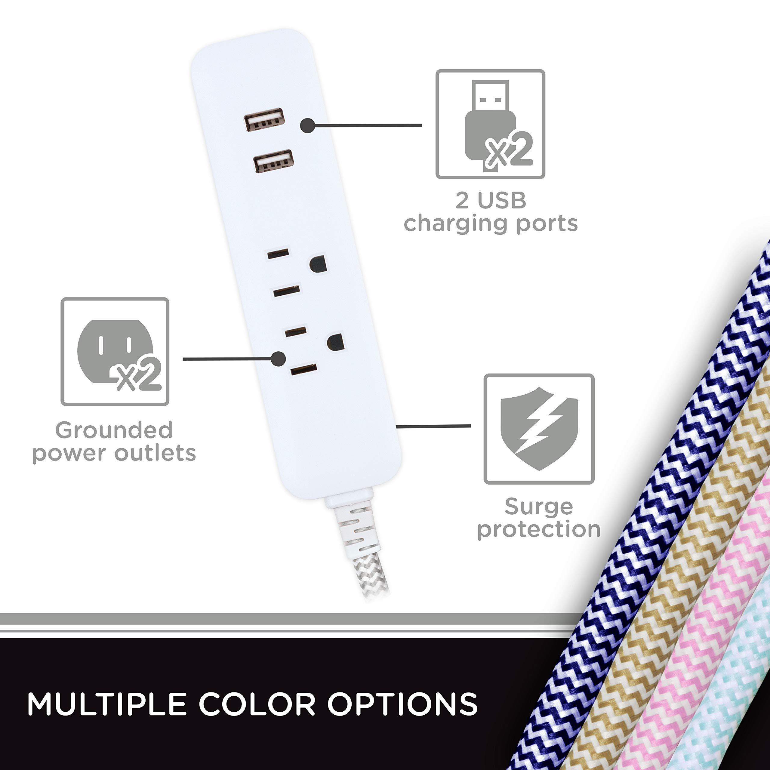 Cordinate Cordinate Surge Protector Power Strip, 2 Outlet Surge Protector, 10 Ft Braided Cord Power Strip, Surge Protector with USB Ports, 3-Prong Flat Plug Power Strip, Surge Protector Outlet, White, 41691