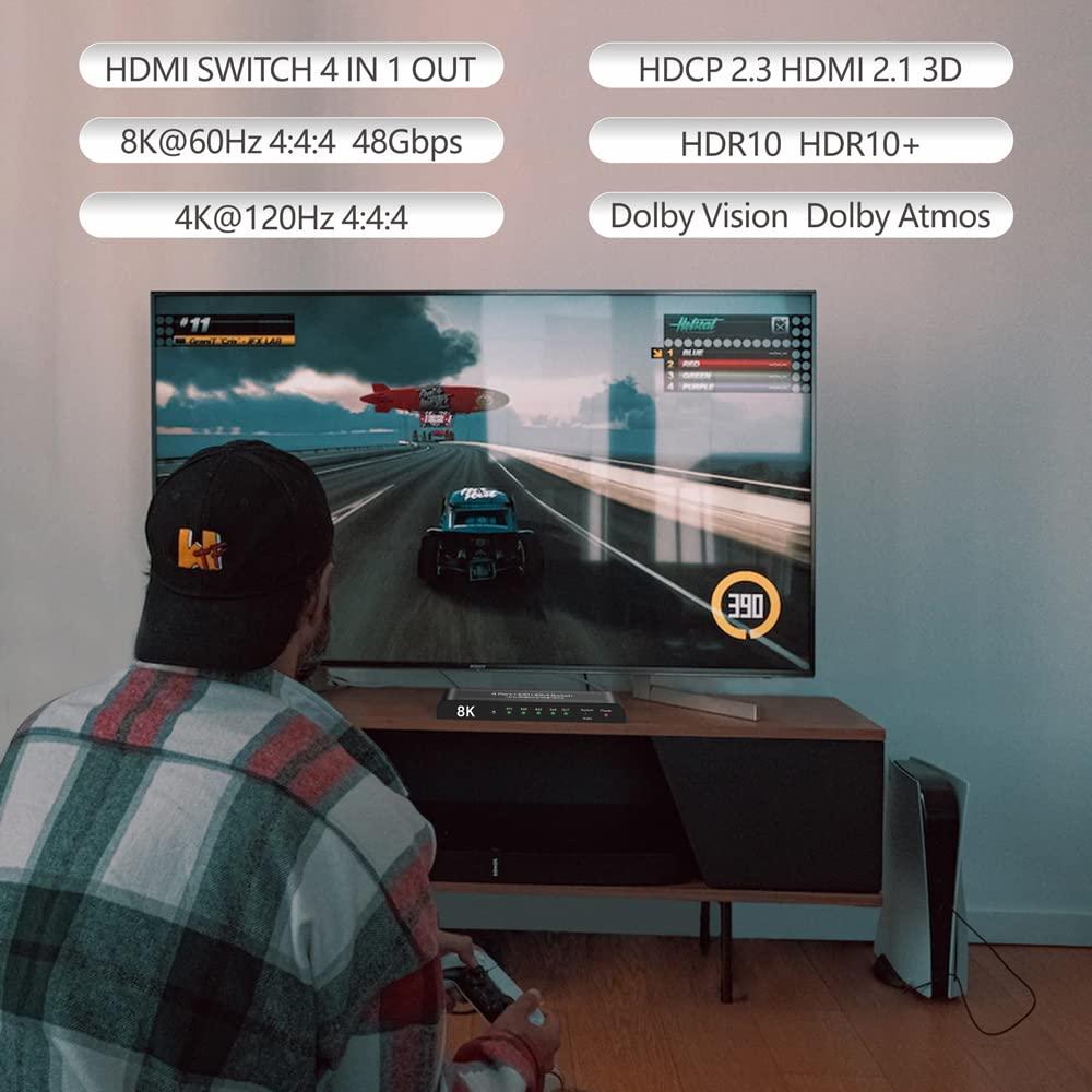 iArkPower iArkPower HDMI 2.1 Switch 4K@120Hz 8K@60Hz HDMI Switcher 4 in 1 Out Support PS5, Xbox Series X, HDR10+, Dolby Vision Dolby Atmos
