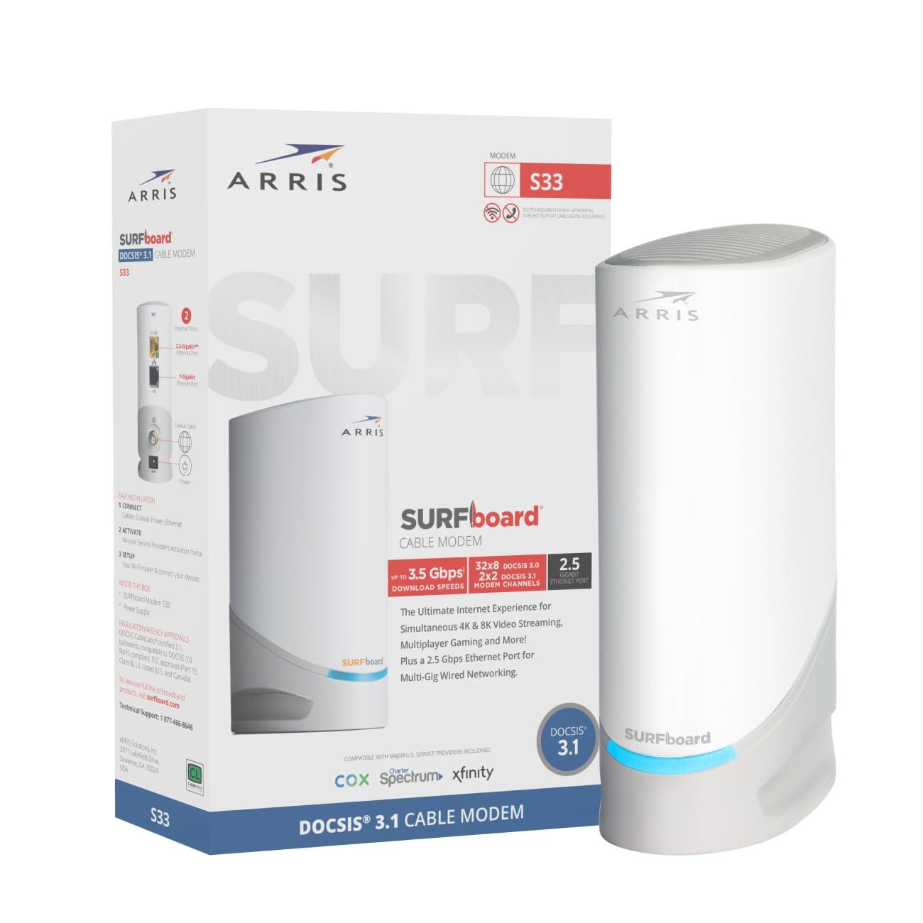 ARRIS ARRIS (S33-RB) - Cable Modem - DOCSIS 3.1 Multi-Gigabit Cable Modem for Comcast Xfinity, Cox, Spectrum & More 1 & 2.5 Gbps Ports 2.5 Gbps Max Internet Speeds 4 OFDM Channels 2 Year Warranty - Renewed