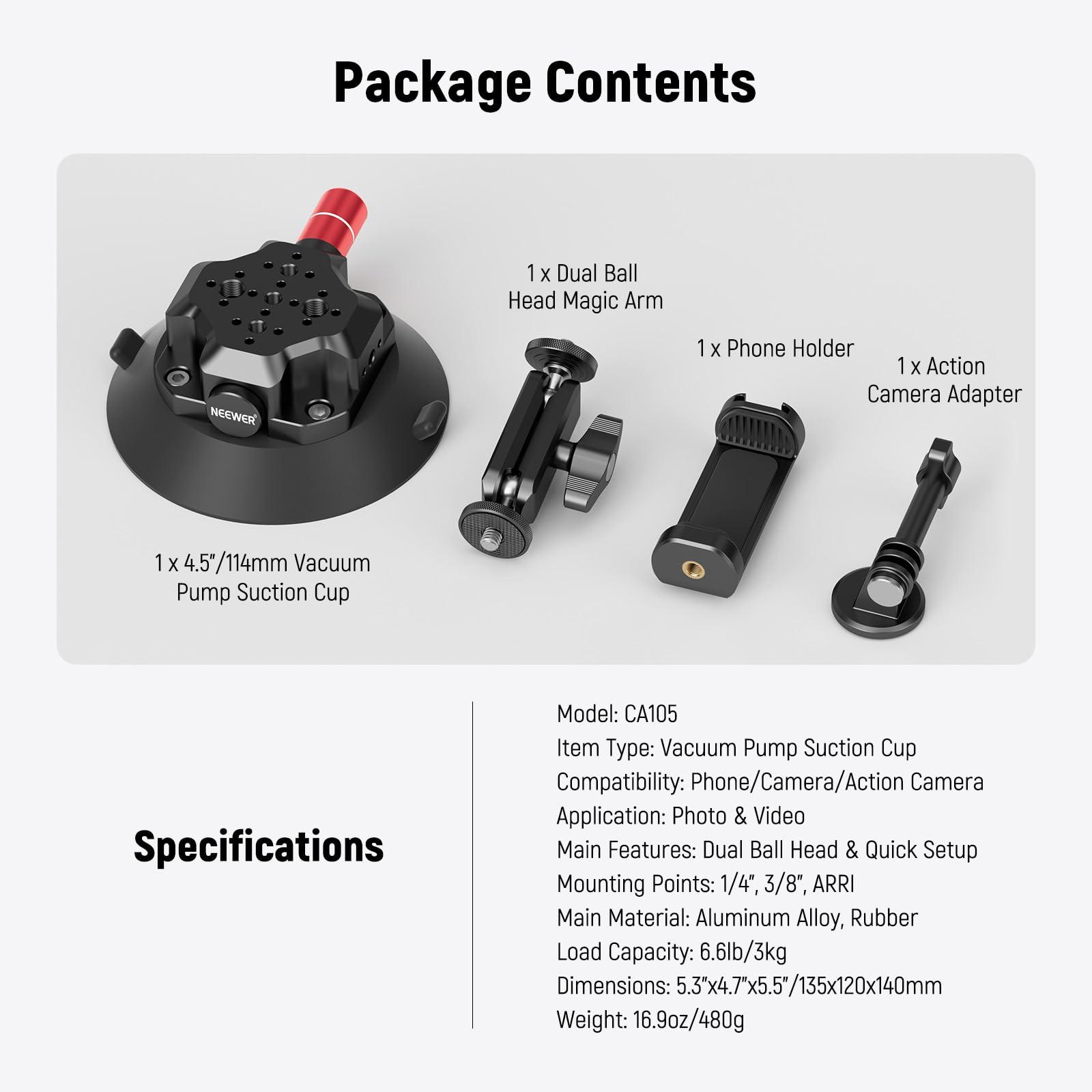 NEEWER NEEWER 4.5" Suction Cup Camera Mount with Ball Head Magic Arm, 1/4" 3/8" ARRI Holes, Quick Release Car Mount with Phone Holder & Action Cam Adapter Compatible with iPhone DJI Insta360, CA105