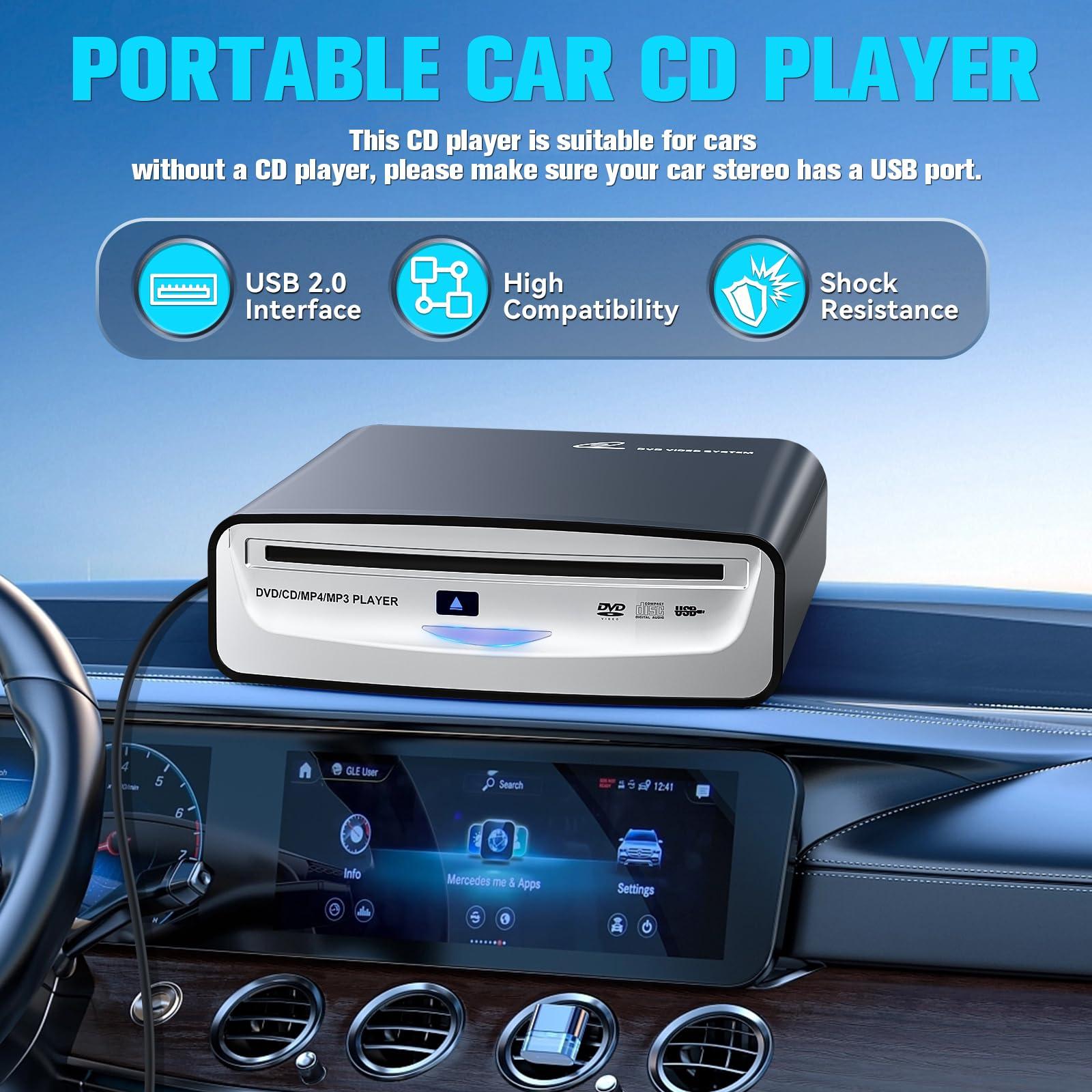 Carrkoopy CD Player for Car with USB & AUX Ports, Upgraded Portable External CD DVD Player for Car Laptop Desktop TV Mac Computer, with Extra USB Extension Cable