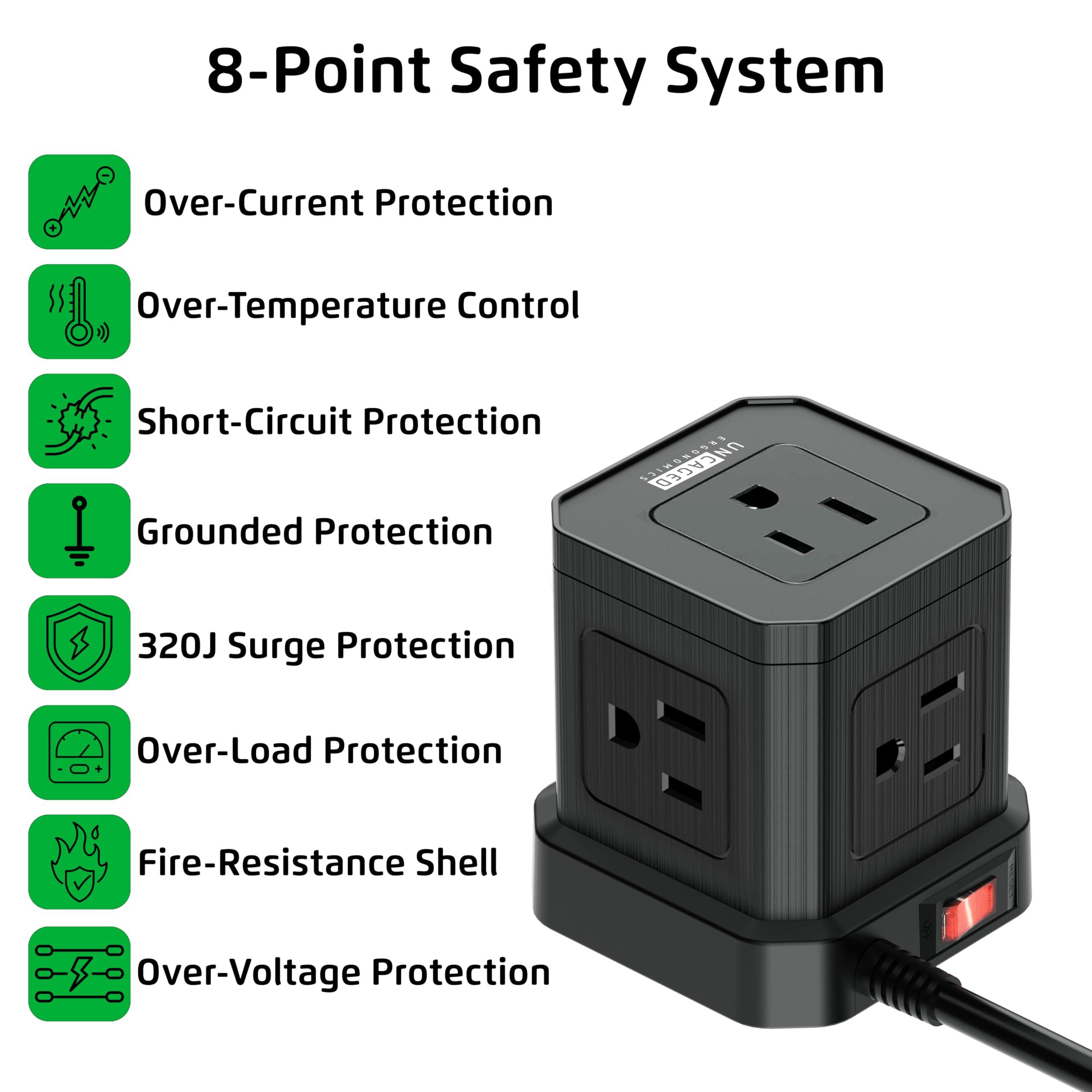 Uncaged Ergonomics Cube Power Strips with Surge Protection, 10ft Extension Cord with Multiple Outlets, 5 AC Plugs + 3 USB + 1 USB-C Fast Charging Power Strip with USB Ports, Mountable On/Off Switch Charging Station