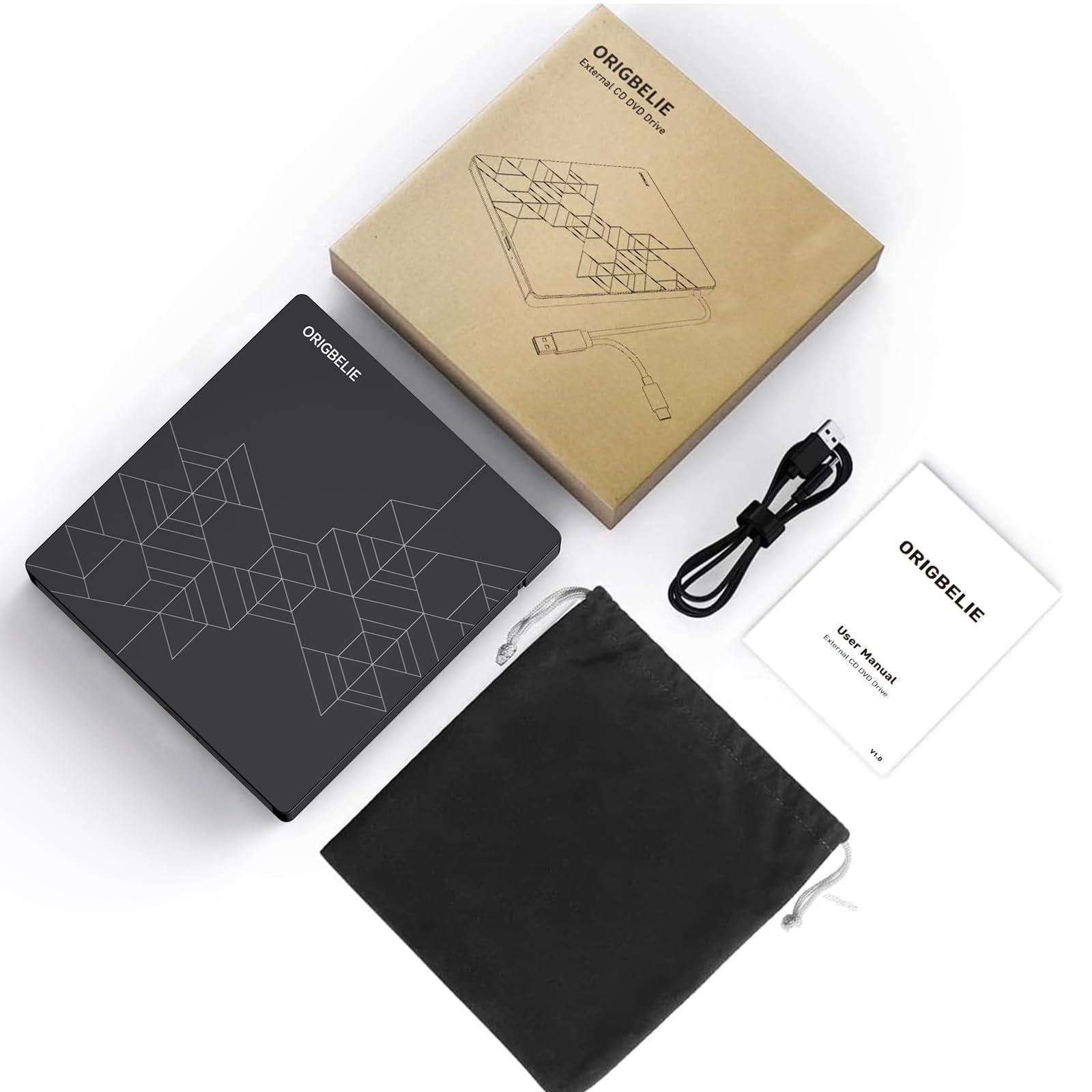 ORIGBELIE ORIGBELIE External DVD Drive, CD Drive USB 3.0 Typle C CD/DVD ROM +/-RW Adapter with USB Port DVD Burner for Laptop PC Desktop Computer, Optical Disk Drive CD Player Compatible with Mac Windows Linux