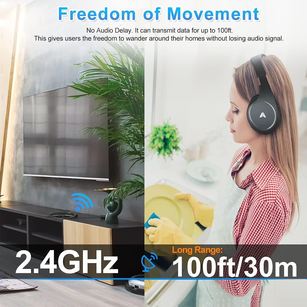 Ansee Wireless Headphones for TV Watching, Folding Over Ear Headphones with 2.4GHz RF Transmitter Support Optical RCA AUX, No Audio Delay, 100ft Wireless Range (Blackness)