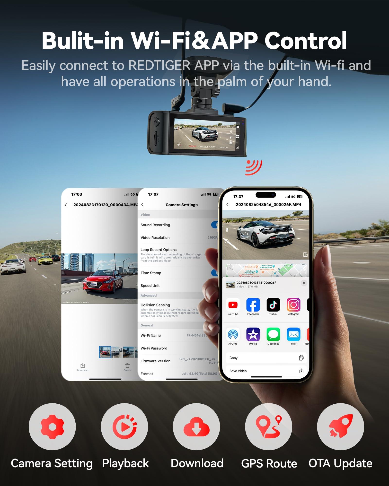 REDTIGER REDTIGER F7N Pro 4K Dash Cam Front and Rear Included 64GB Card with 33ft Longer Replacement Cable for The Rear Camera